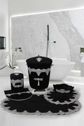 Luxury Siyah 6 Prç Çeyizlik Banyo Kirli Çamaşır Sepeti Seti Banyo Paspası Seti Luxury6PrçBanPasSet
