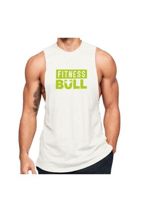 Beyaz Erkek Regular Fit -fitness Bull- Baskılı Bisiklet Yaka Kolsuz T-shirt BLCK160825