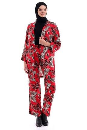Yaprak Desenli Geniş Kol Kimono, Bol Paça Cepli Pantolon, Tesettür Takım ARYA-0118Kırmızı