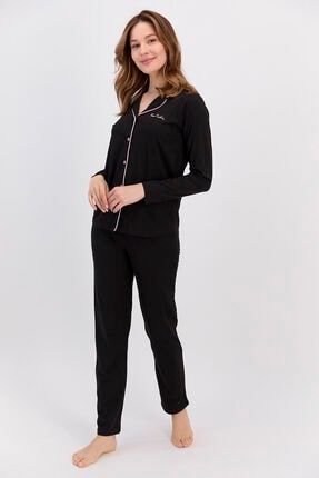 Classic Siyah Kadın Gömlek Pijama Takımı PC7717-S