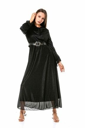 Kadın Düz Renk Siyah Simli Maxi Boy Kemerli Elbise SMQ110227