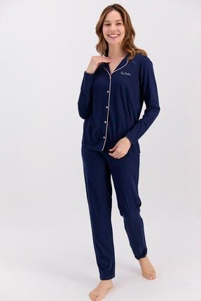 Basic Lacivert Kadın Gömlek Pijama Takımı PC7716-S