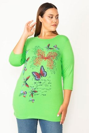 Kadın Yeşil Kelebek Baskılı Fakir Kol Viskon Bluz 85N5754