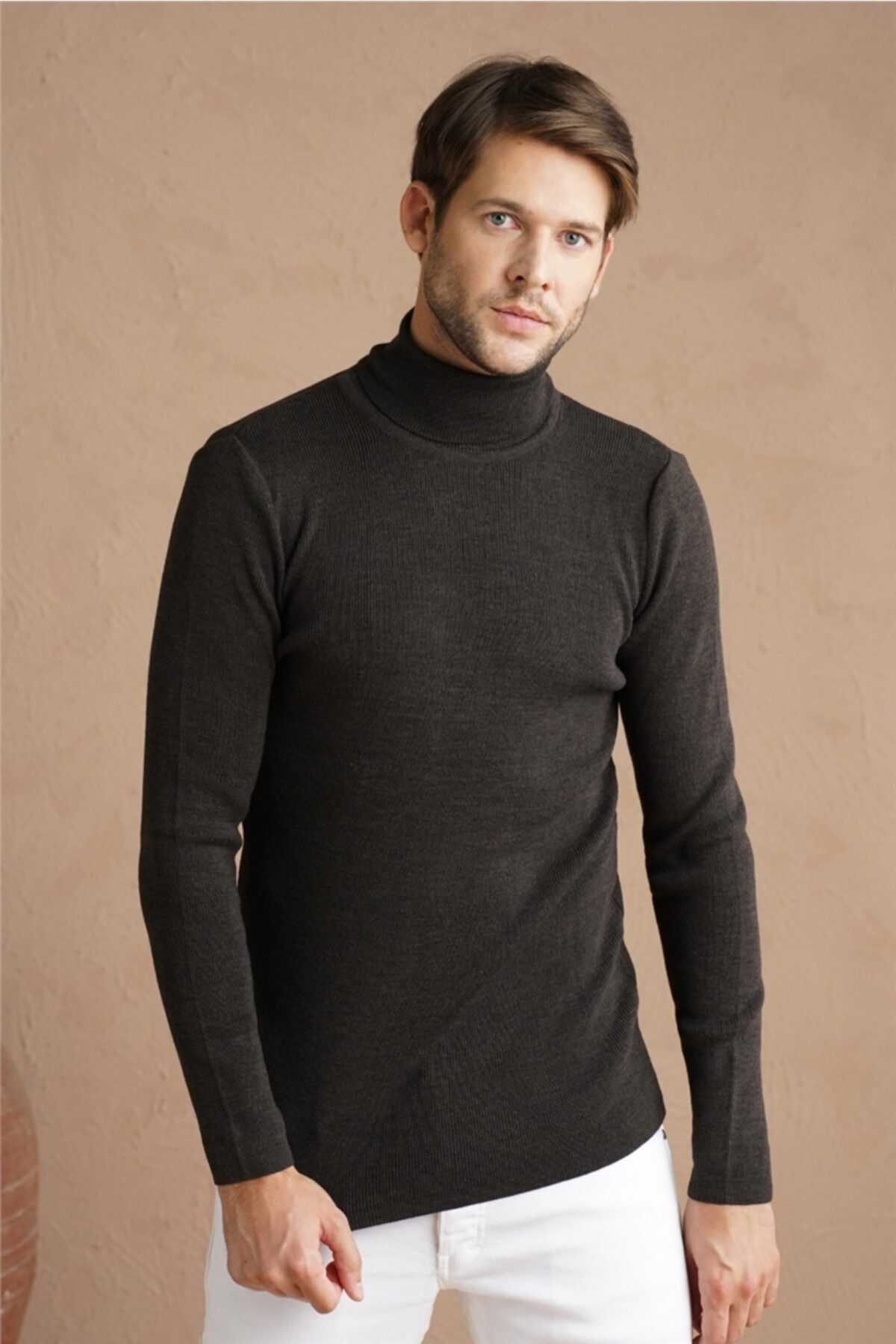 Tarz Cool Men s Brown Plain Turtleneck Knitwear Sweater