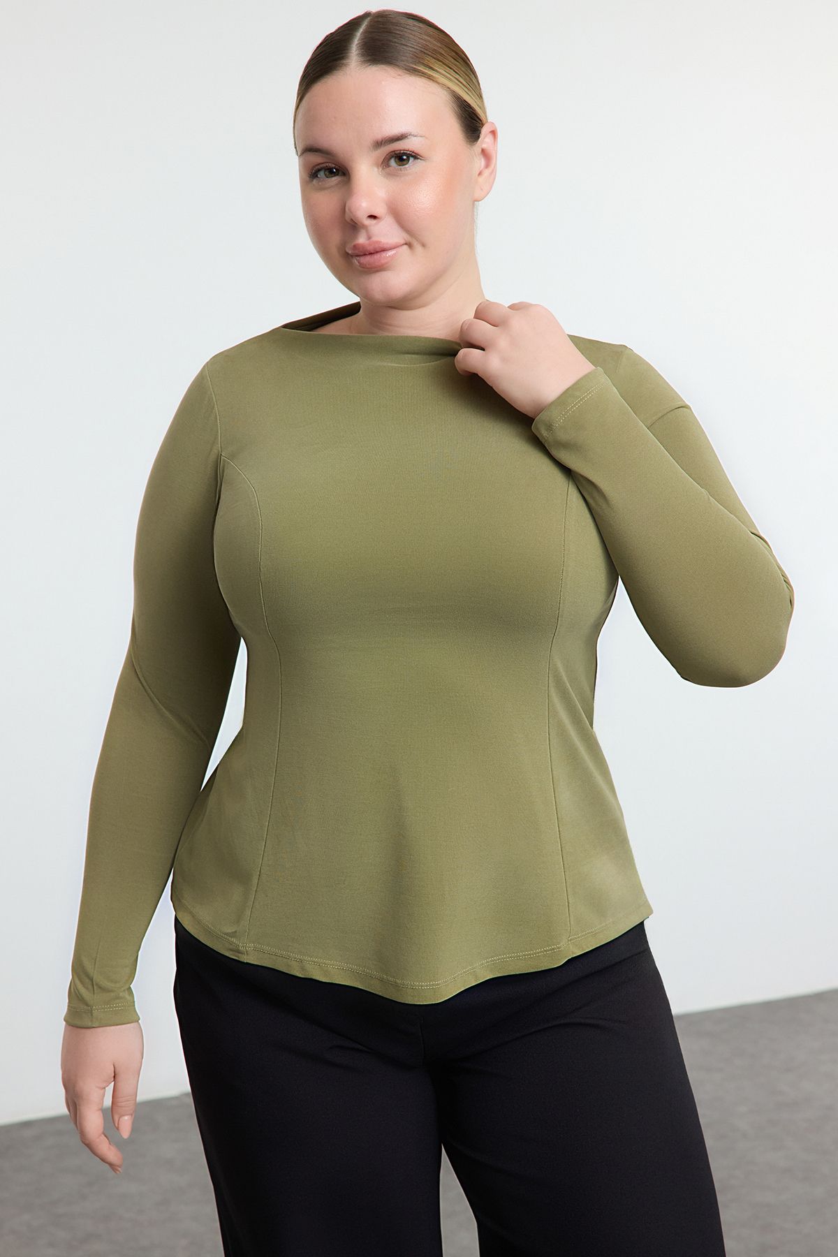 Trendyol Curve-Green Ribbed Stand Collar Blouse - Regular Fit Tbbaw25Af00043 1