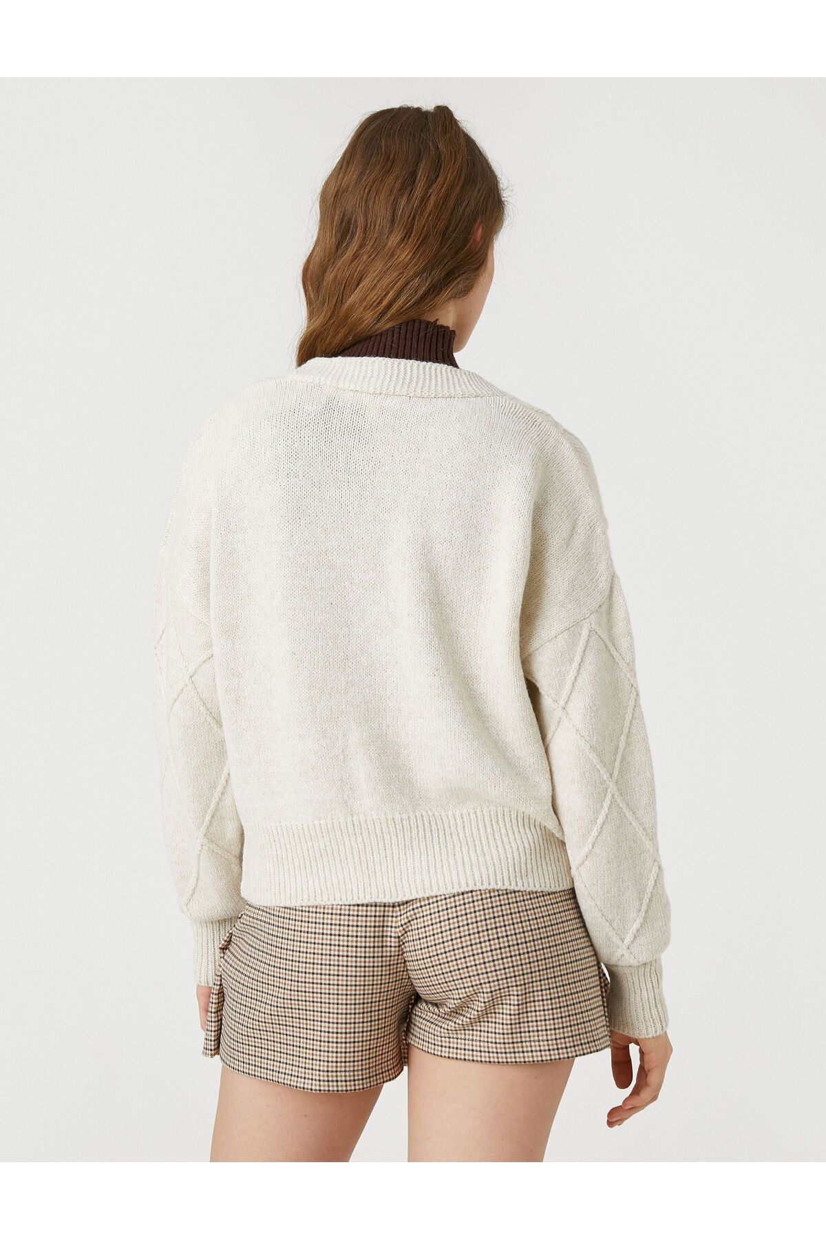 Koton-Crop Cardigan Knitted V-Neck Long Sleeve Buttoned 4
