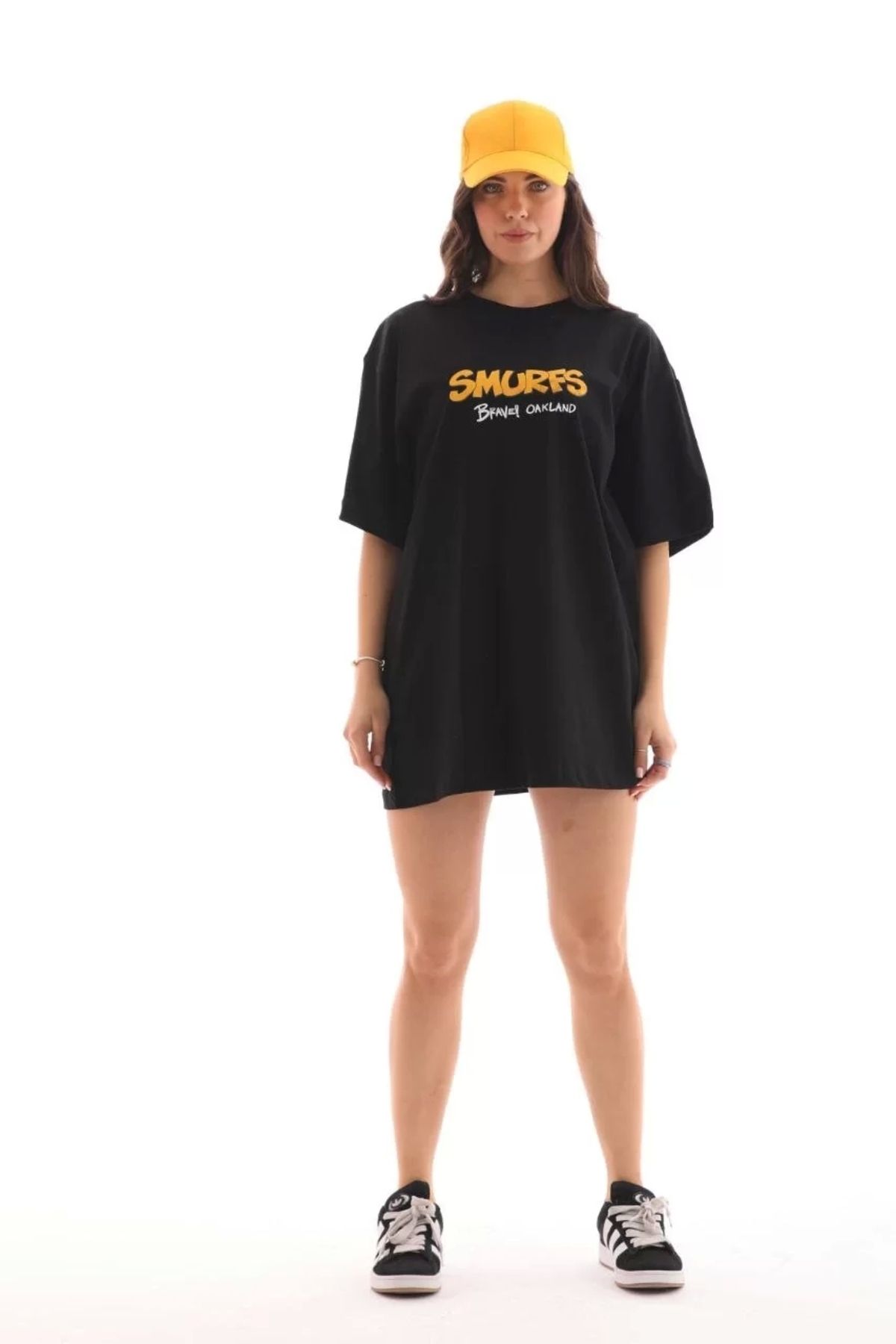 New Shine Unisex Bisiklet Yaka Baskılı Oversize T-Shirt - Siyah