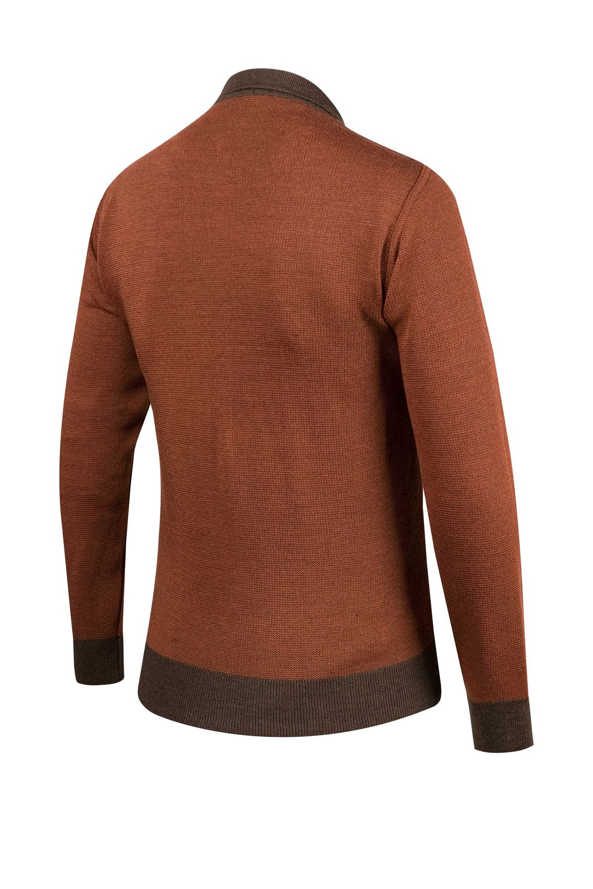 Çizgi Triko-Men's Brown Large Size Polo Collar Sweater Patterned Sleeve and Waist Elastic Steel Knit Classic Fit 5