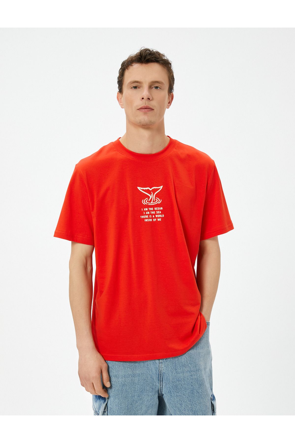 Koton-Crew Neck Slogan Printed Cotton T-Shirt 3