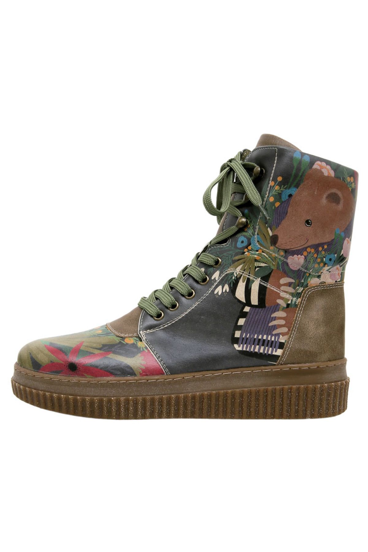 Dogo-Khaki Colored Women's Vegan Leather Long Boots - Bear and Flowers Design 6