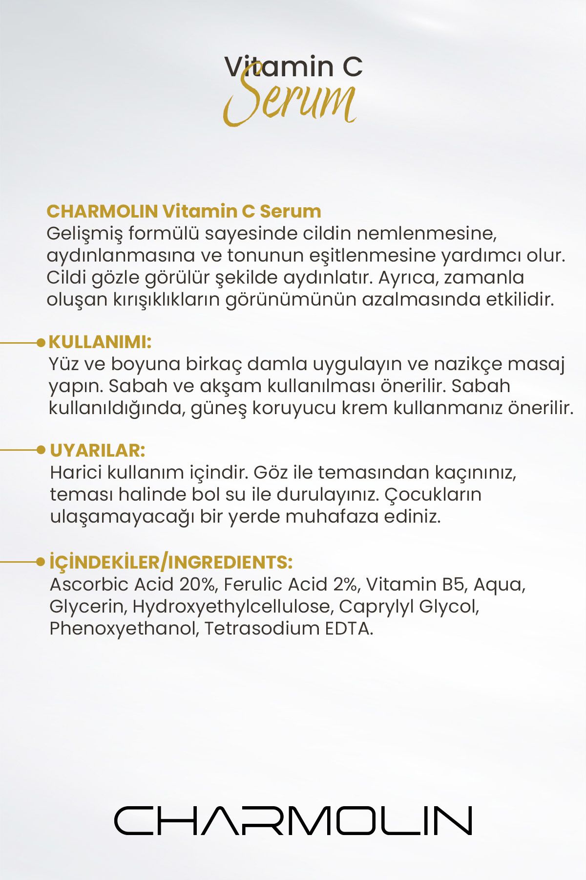CHARMOLİN-Charmolin Brightening Vitamin C Serum - 20% Ascorbic Acid, Glutathione and Ferulic Acid, 30 ml Anti-Blemish 4