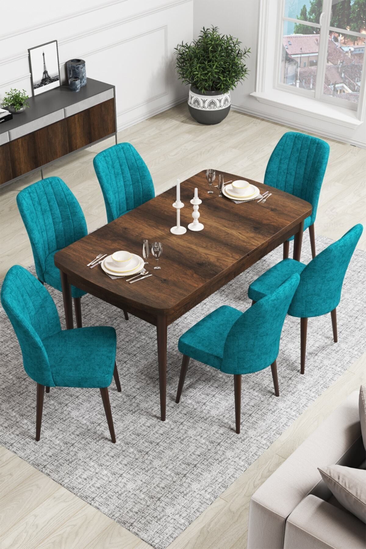 Canisa Concept Rio Serisi 80x132 Açılabilir MDF Mutfak Masası Takımı Barok Desen Masa 6 Turkuaz Sandalye