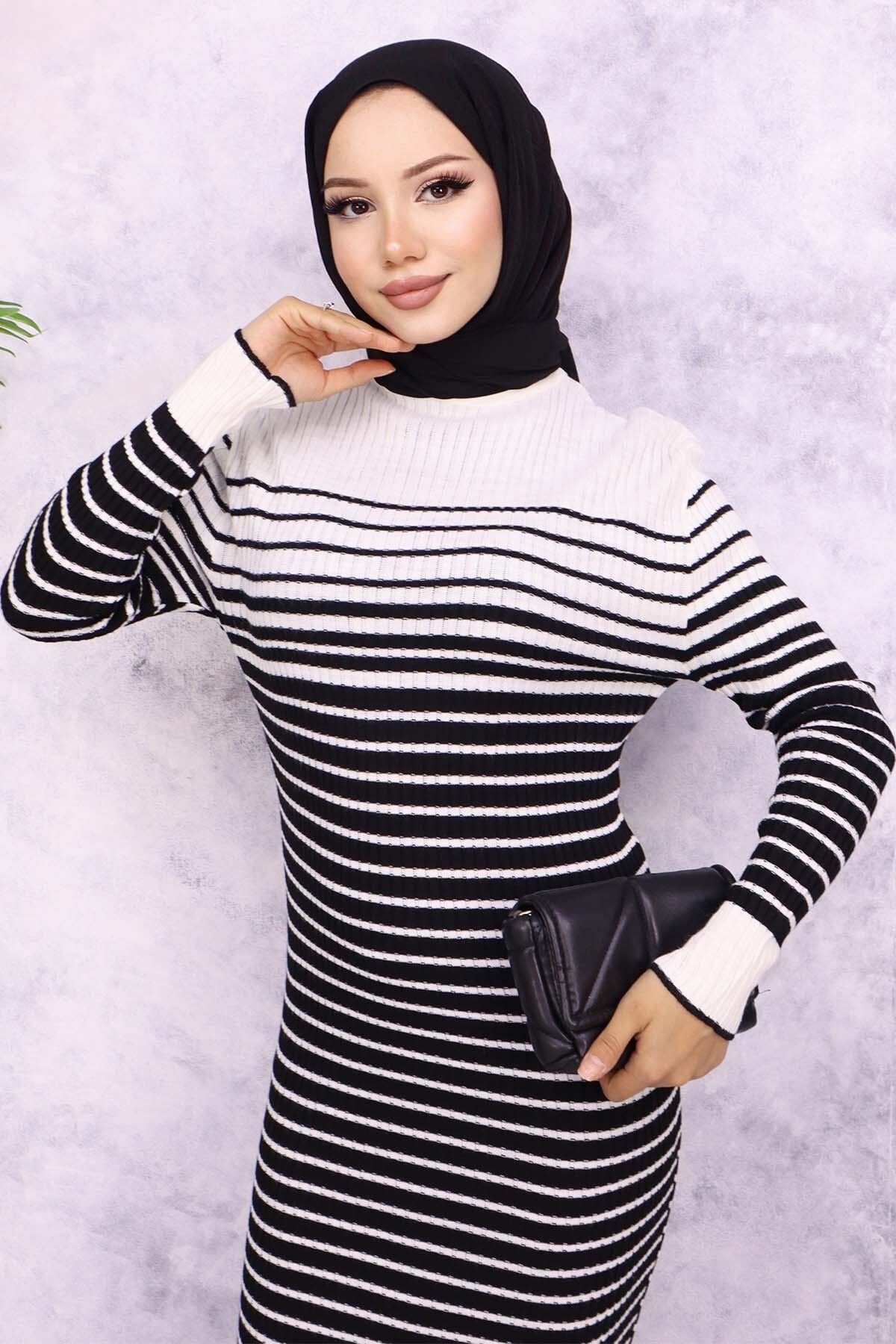 benguen-6143 Model Ecru Turtleneck Striped Knitwear Dress 2