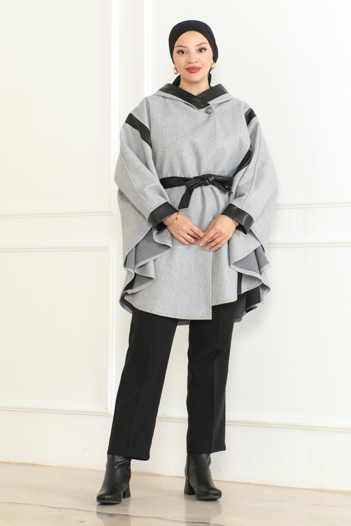 KADEEM KUŞAKLI DERİ DETAYLI PANÇO & Gri