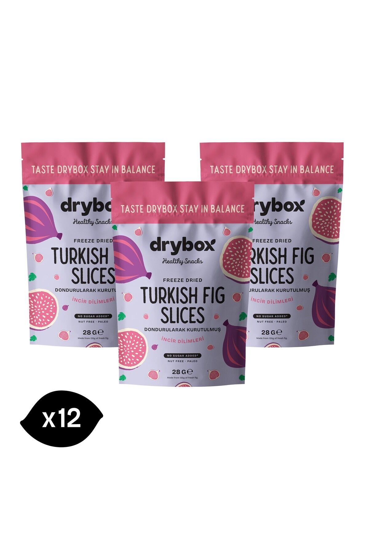 DRYBOX 12'li Paket Şekersiz Dondurarak Kurutulmuş İncir Dilim Doğal Atıştırmalık 28g