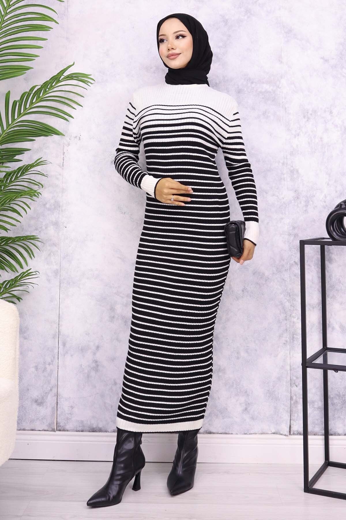 benguen-6143 Model Ecru Turtleneck Striped Knitwear Dress 4