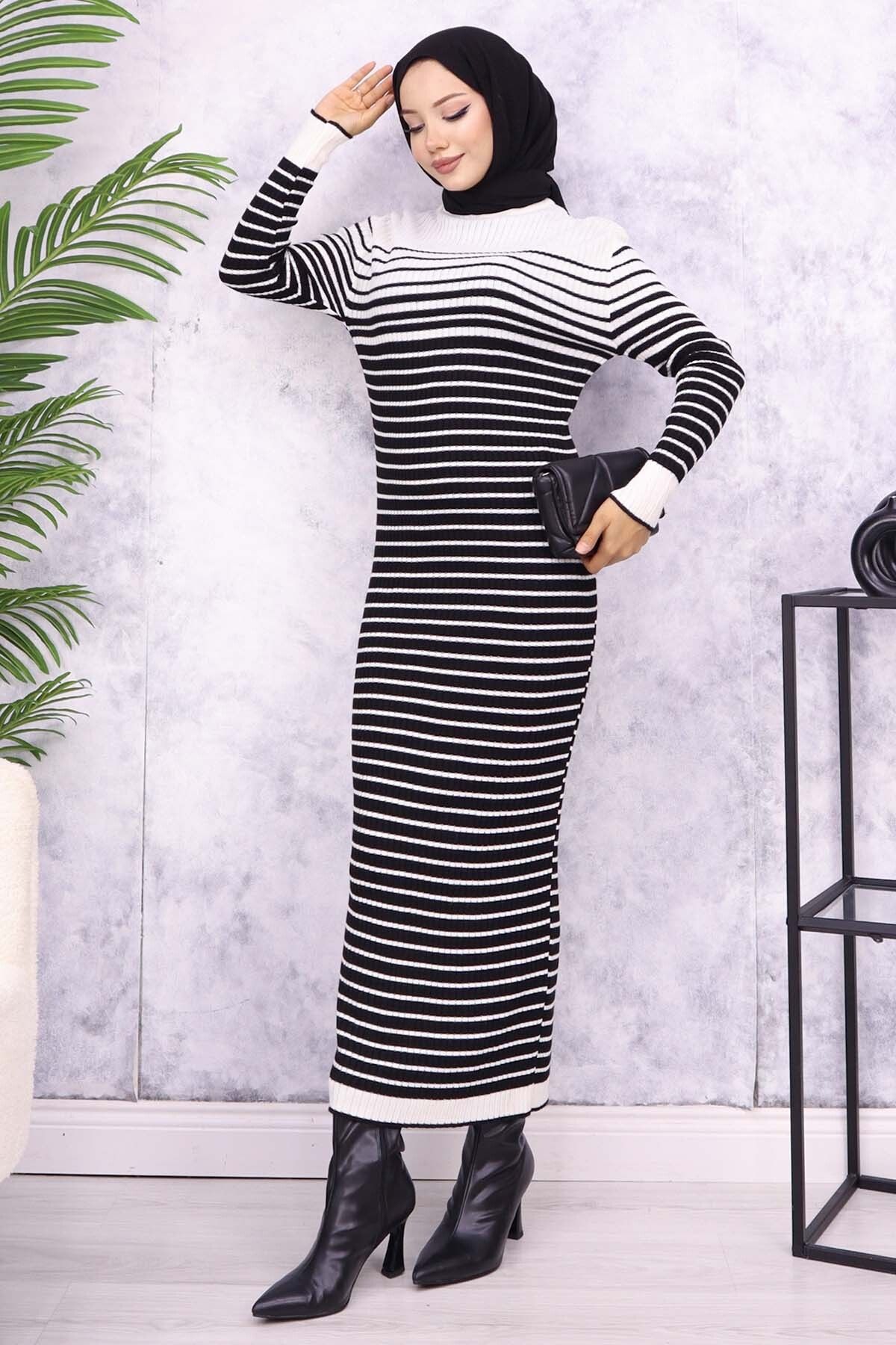 benguen-6143 Model Ecru Turtleneck Striped Knitwear Dress 5