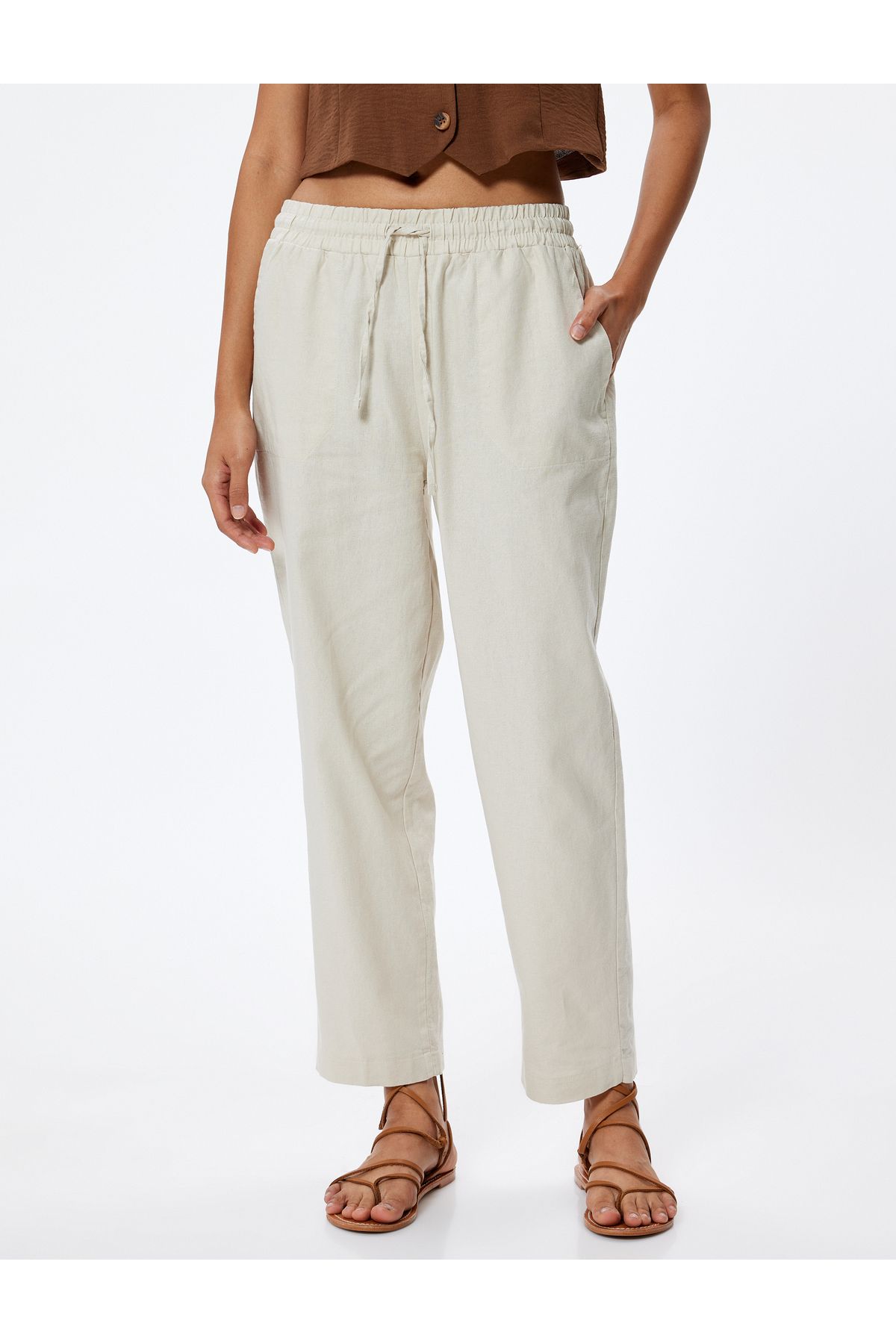 Koton-High Waist Pocket Linen Trousers - Carrot Cut 3