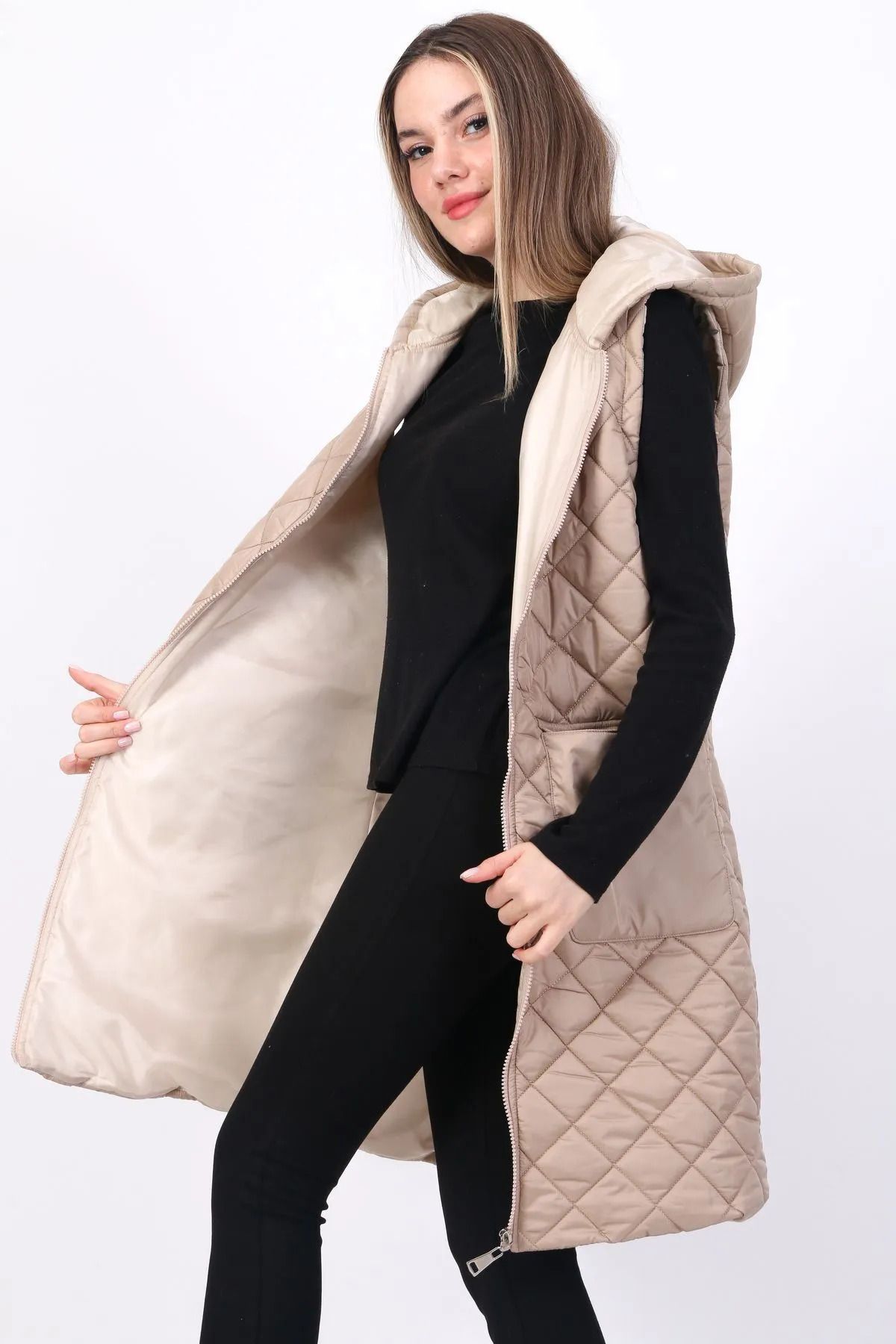 exxitcollection-Women's Zipper Detailed Long Quilted Hooded Vest 4