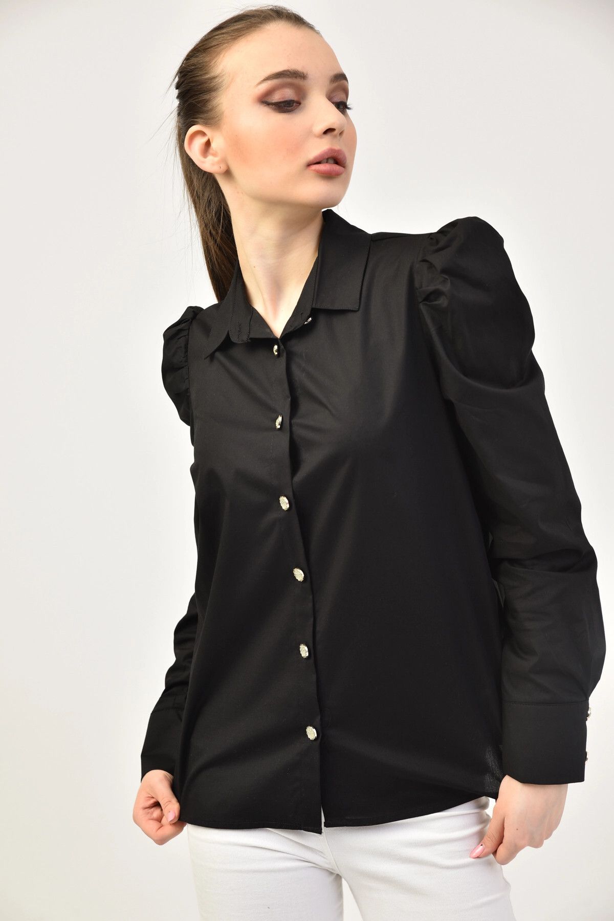 Park Karon-Black Jewelled Buttoned and Shoulder Detailed Lycra Women's Shirt 2