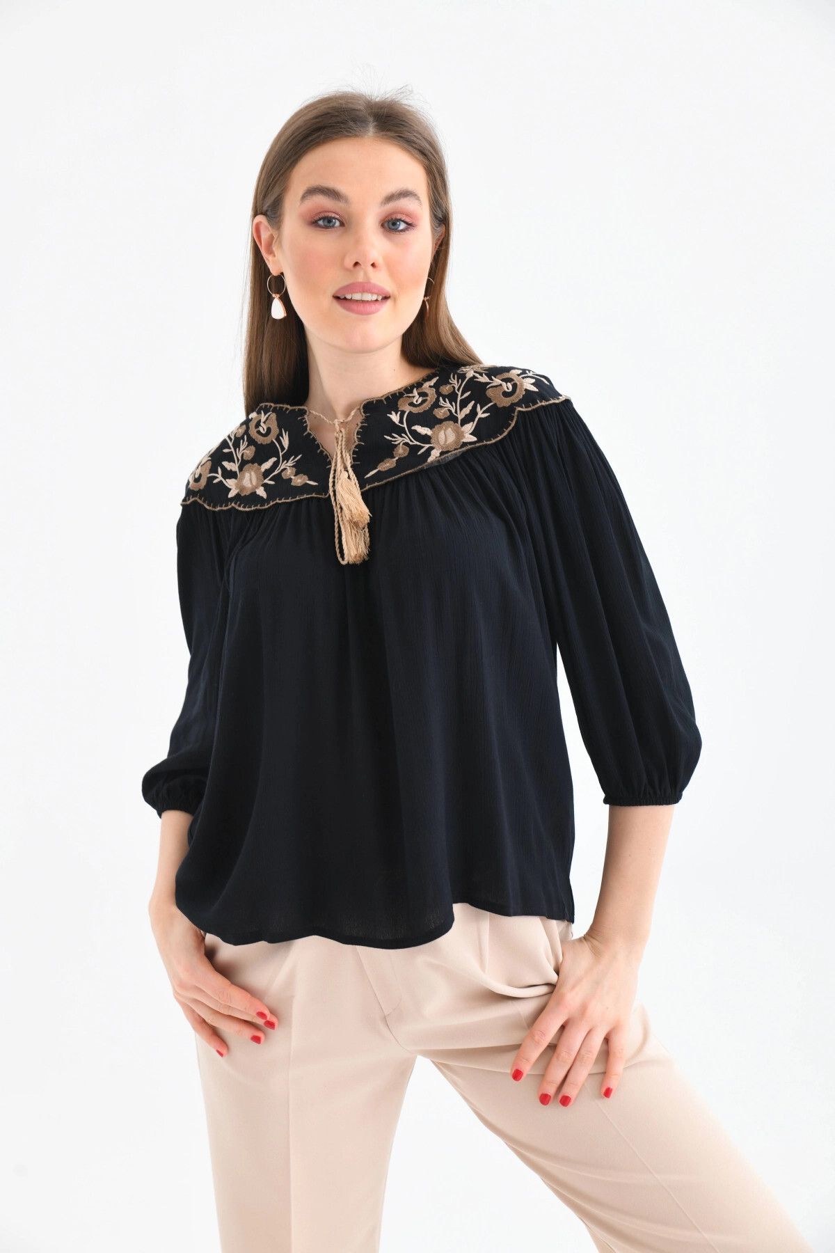 Park Karon-Embroidery Detailed Casual Women's Blouse - with Tie Detail 6