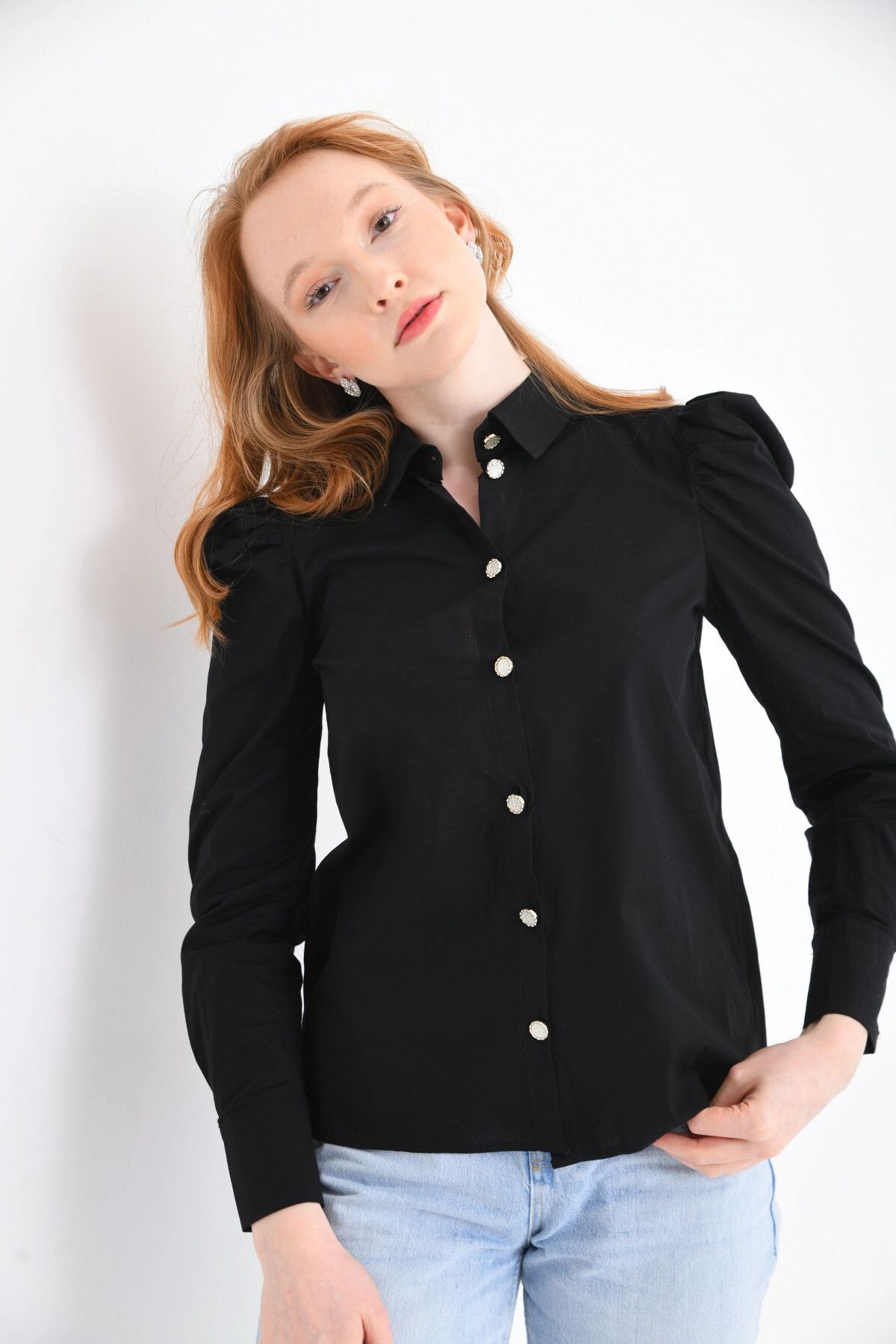 Park Karon-Black Jewelled Buttoned and Shoulder Detailed Lycra Women's Shirt 7