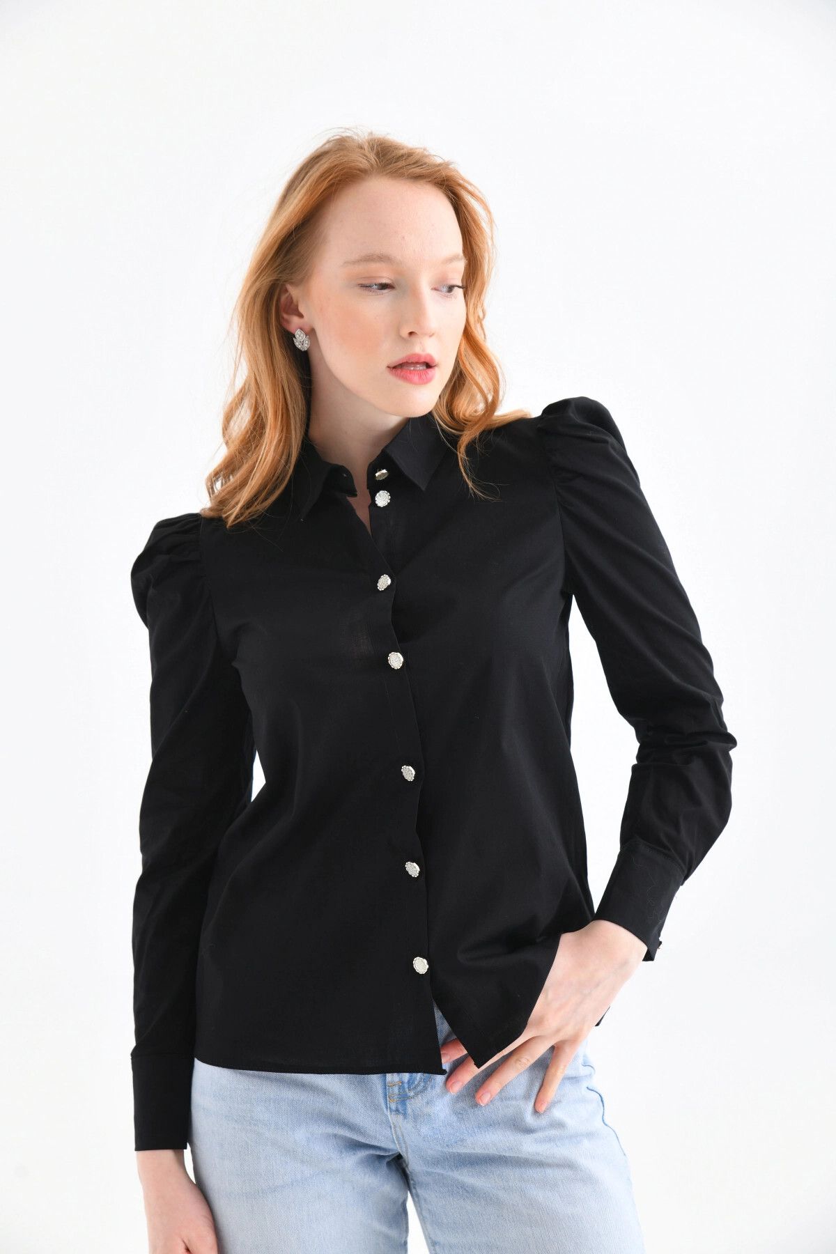 Park Karon-Black Jewelled Buttoned and Shoulder Detailed Lycra Women's Shirt 3