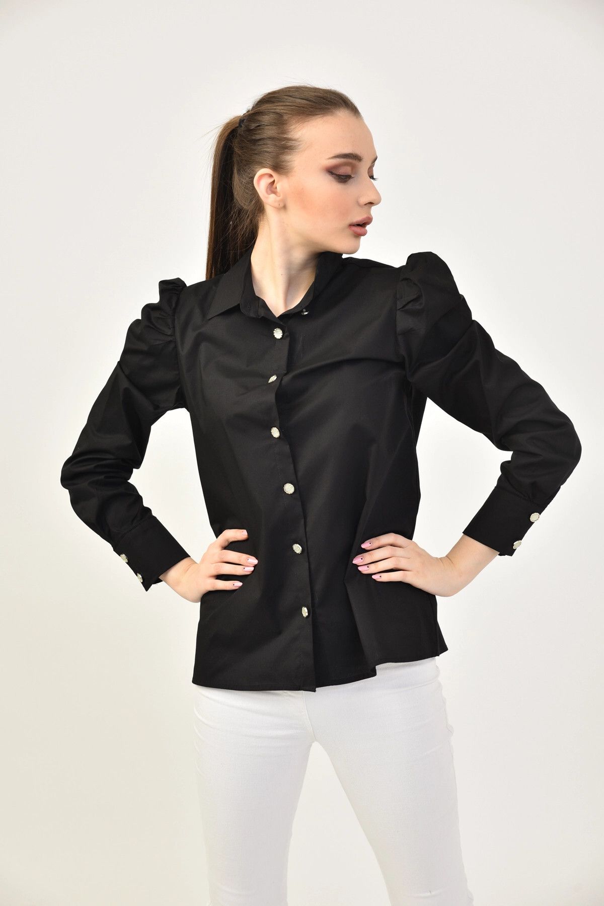 Park Karon-Black Jewelled Buttoned and Shoulder Detailed Lycra Women's Shirt 6