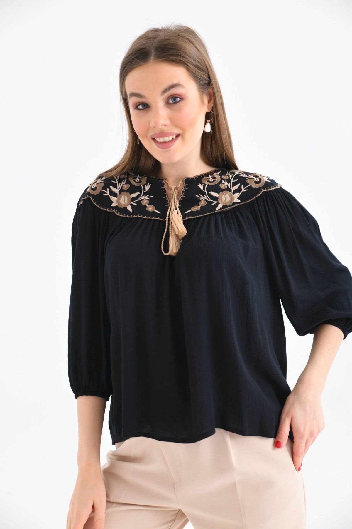 Park Karon-Embroidery Detailed Casual Women's Blouse - with Tie Detail 2