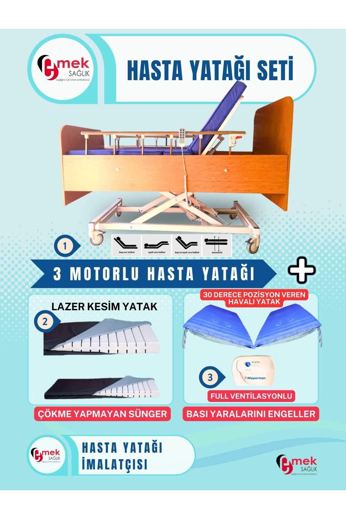 emek sağlık 3 Motorlu Ahşap Hasta Karyolası + Lazer Kesim Yatak + 30 Derece Pozisyon Veren Havalı Yatak Set