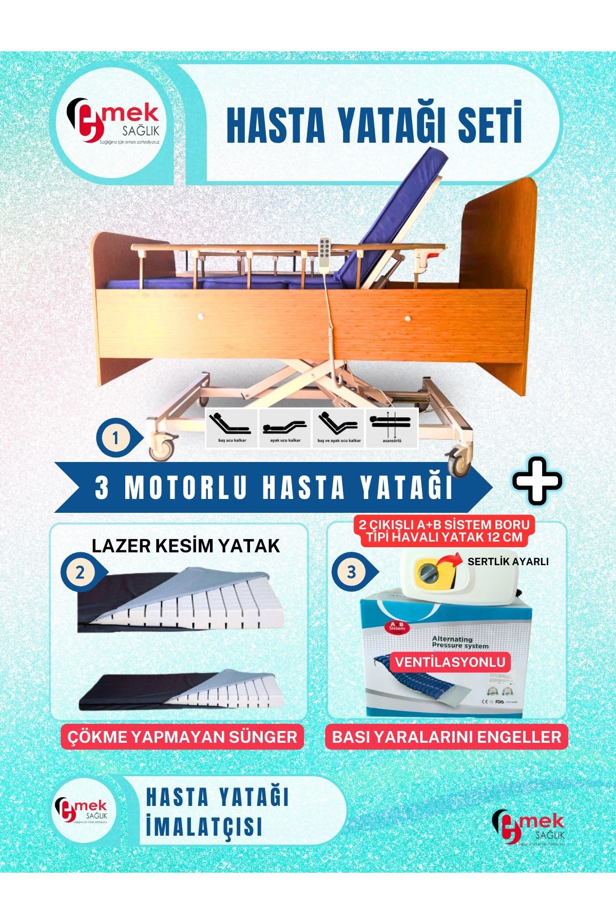 emek sağlık 3Motorlu Ahşap HastaKaryolası+Lazer Kesim Yatak+2Çıkışlı A+B Sistem Boru Tipi HavalıYatak 12cm Takım