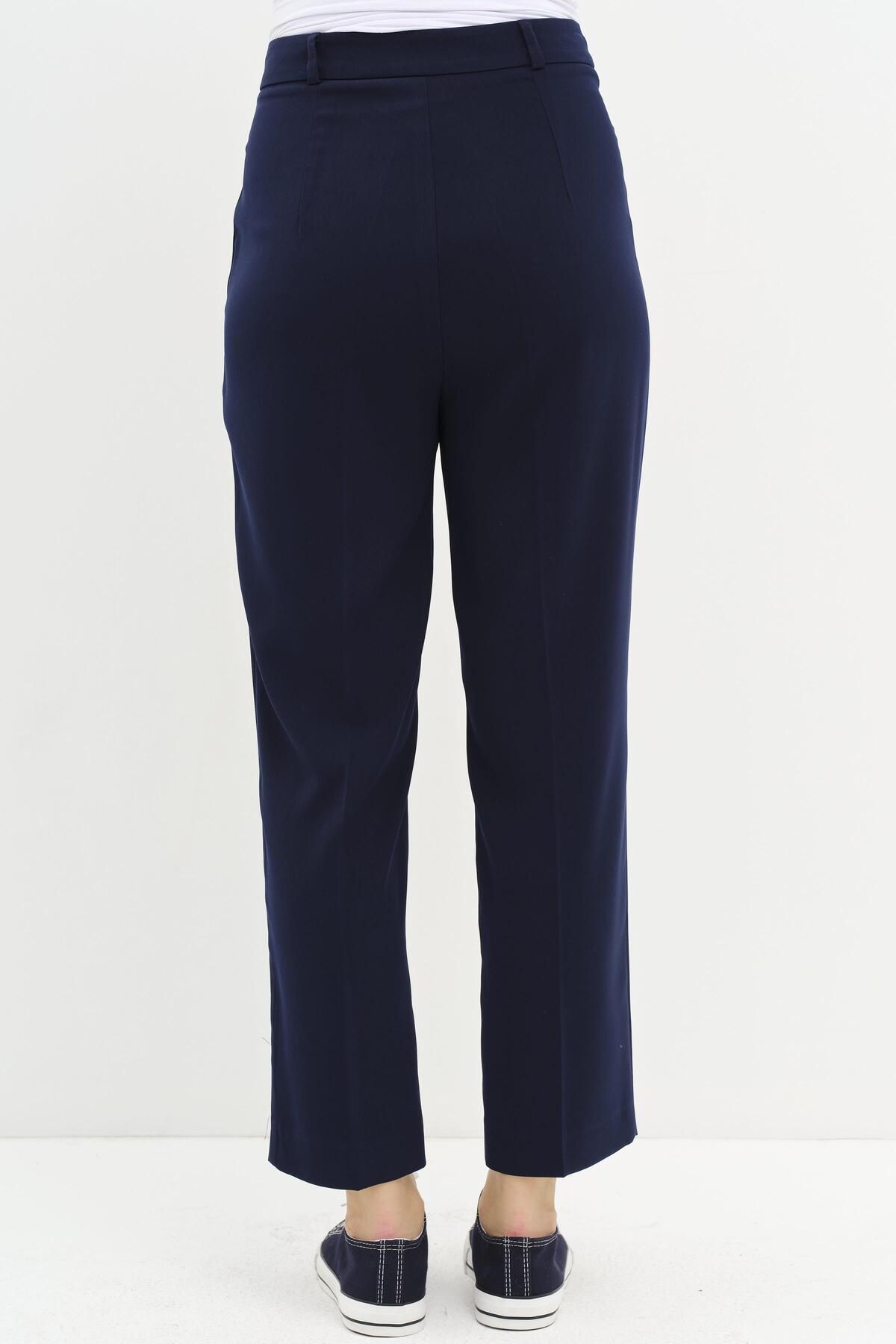 Tuğba-Double Flannel Pocket Trousers - Navy Blue 6