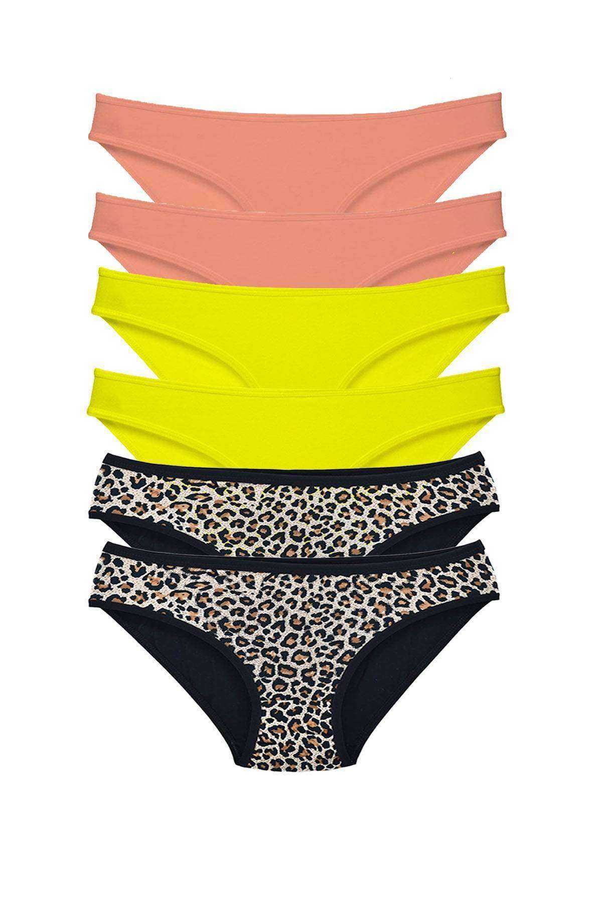 Mu Art 6 Adet Likralı Kadın Slip Külot Leopar Pudra Sarı