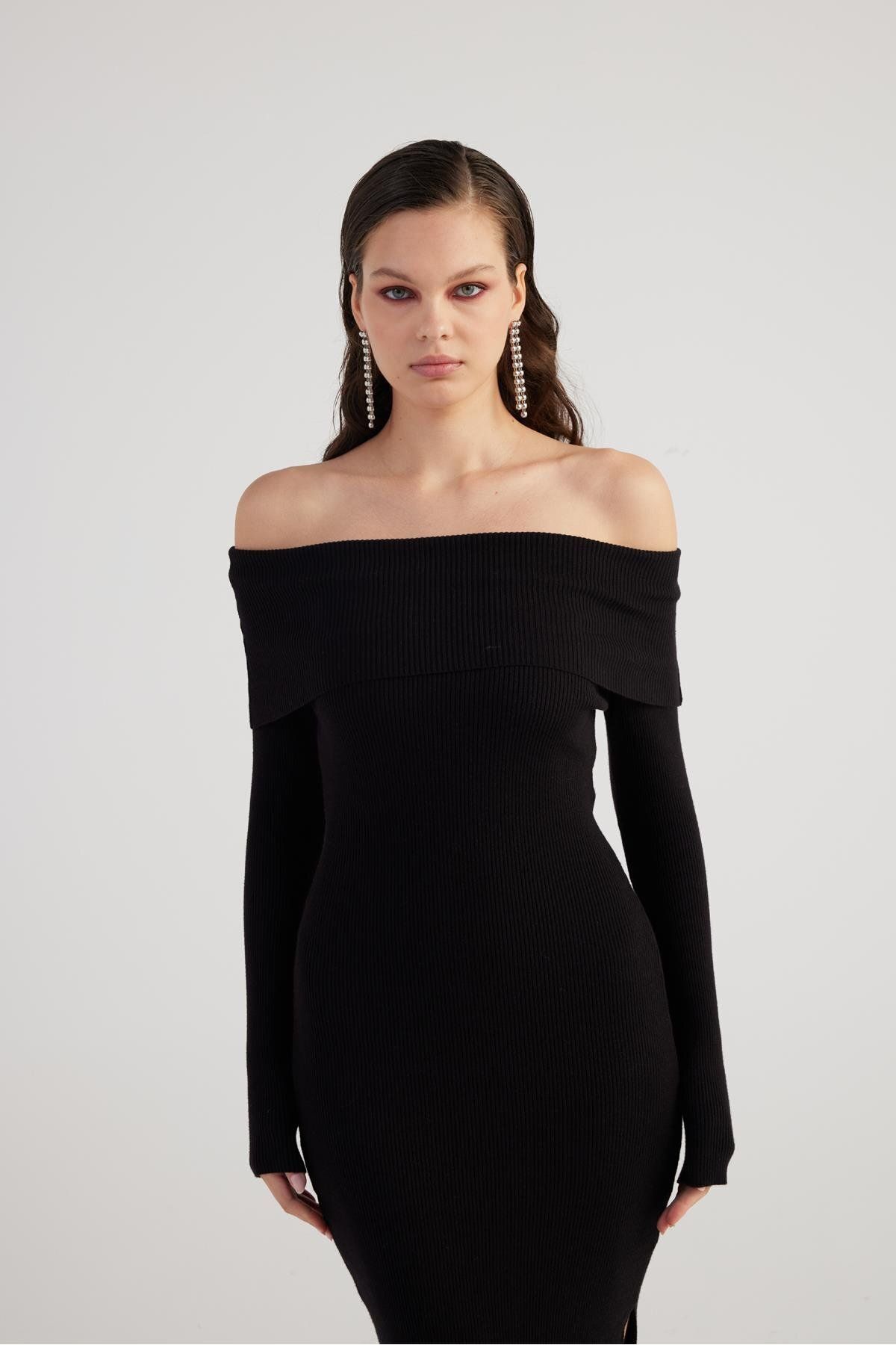 HOLLY LOLLY-Black Tilda Knitwear Dress - Madonna Collar, Special Texture 2