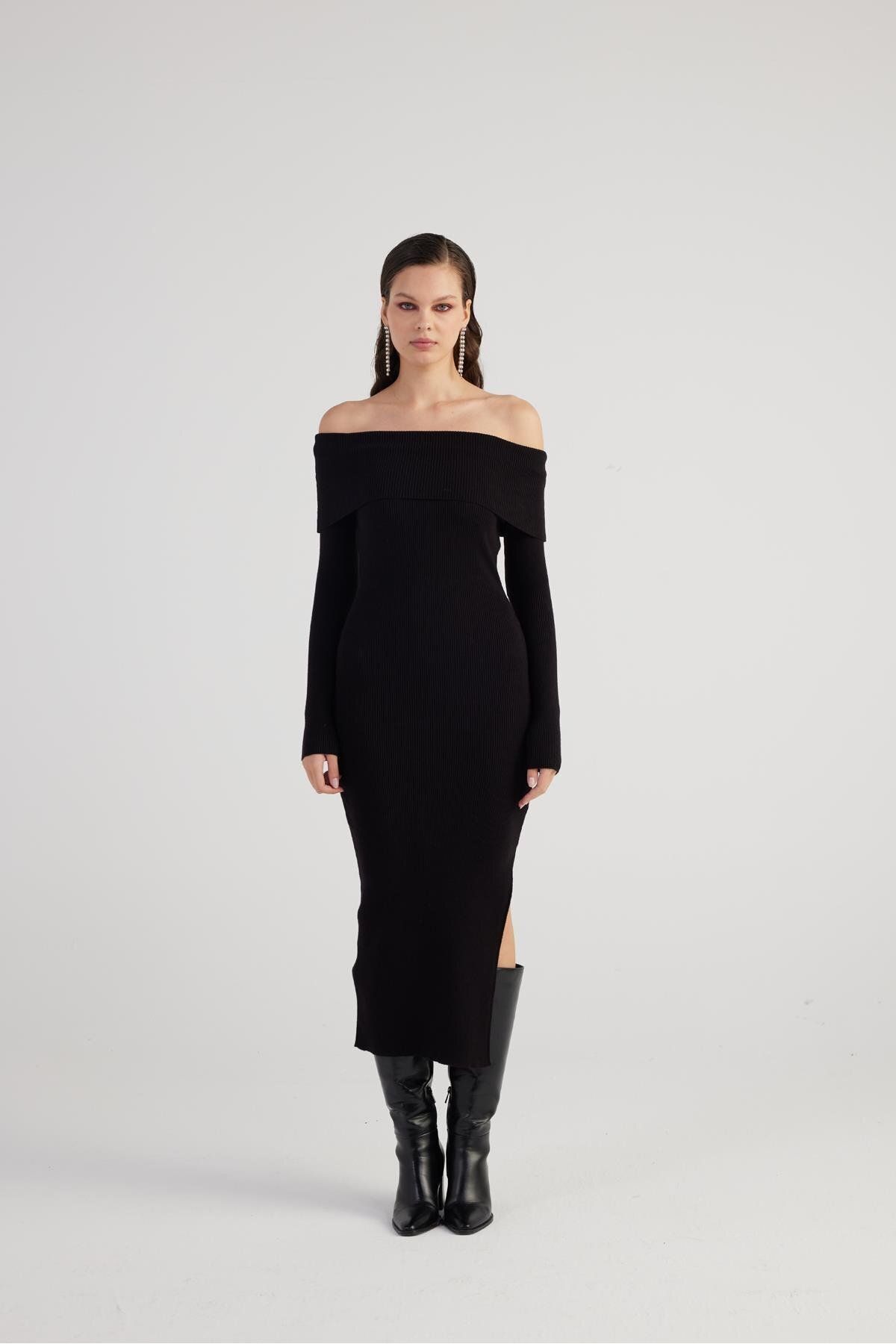 HOLLY LOLLY-Black Tilda Knitwear Dress - Madonna Collar, Special Texture 3