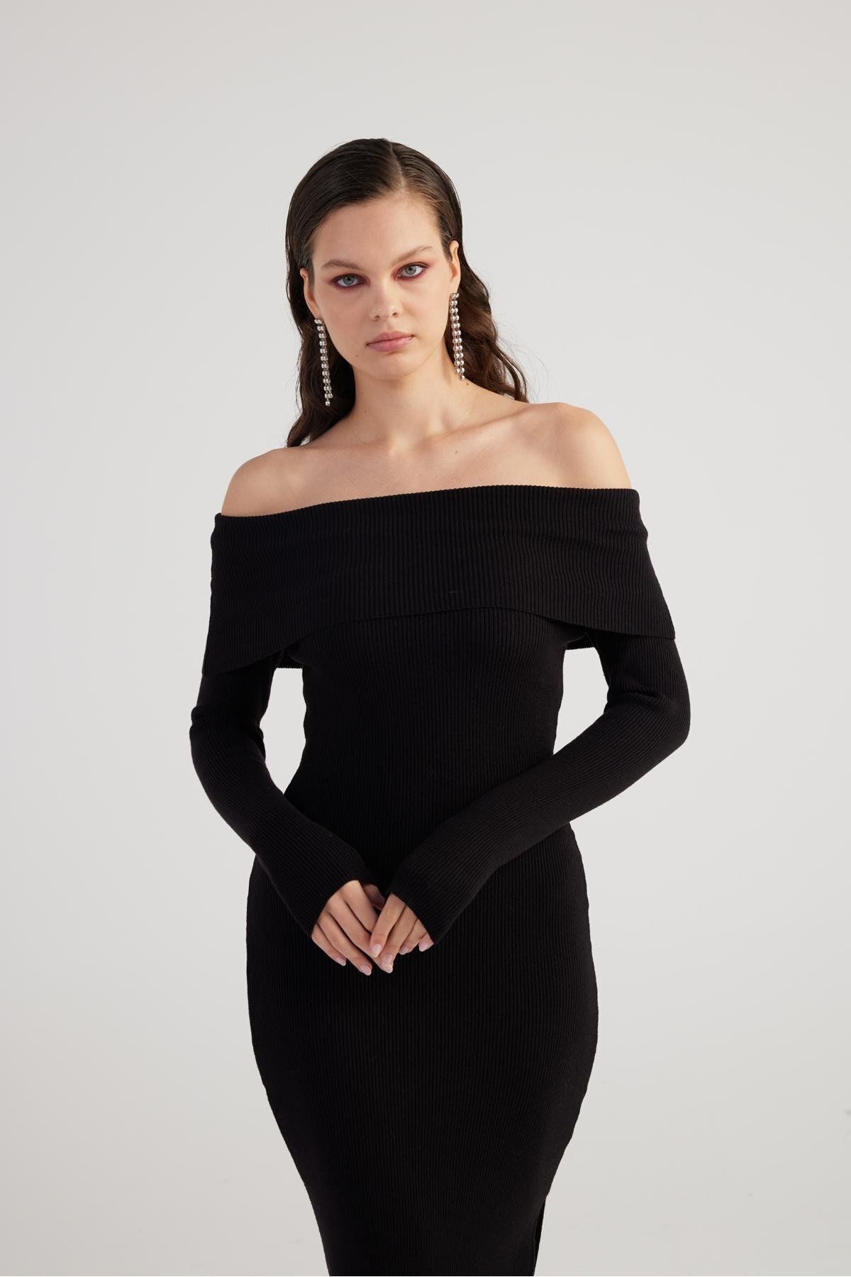 HOLLY LOLLY-Black Tilda Knitwear Dress - Madonna Collar, Special Texture 6