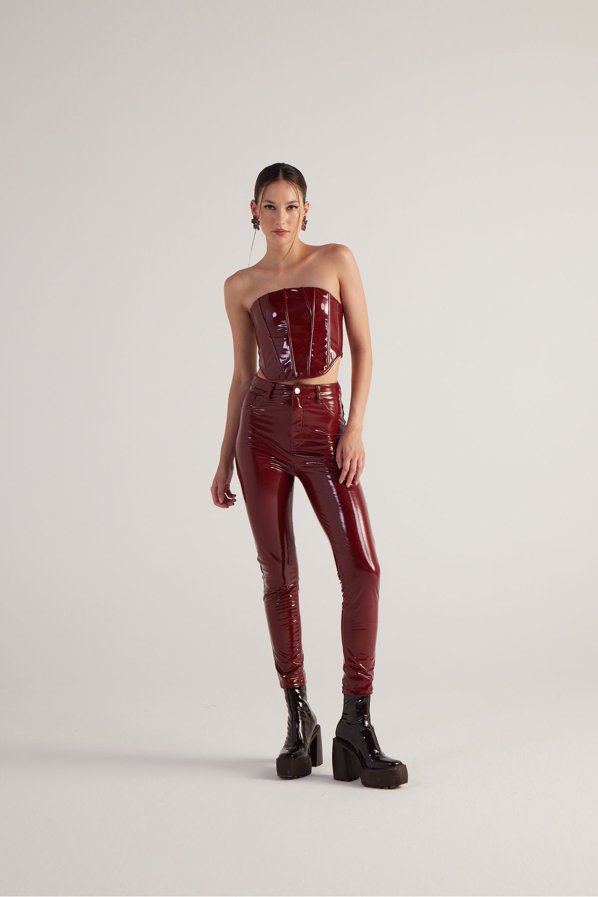 HOLLY LOLLY-Pantaloni Bria Cu Talie Înaltă, Roșu Claret 3