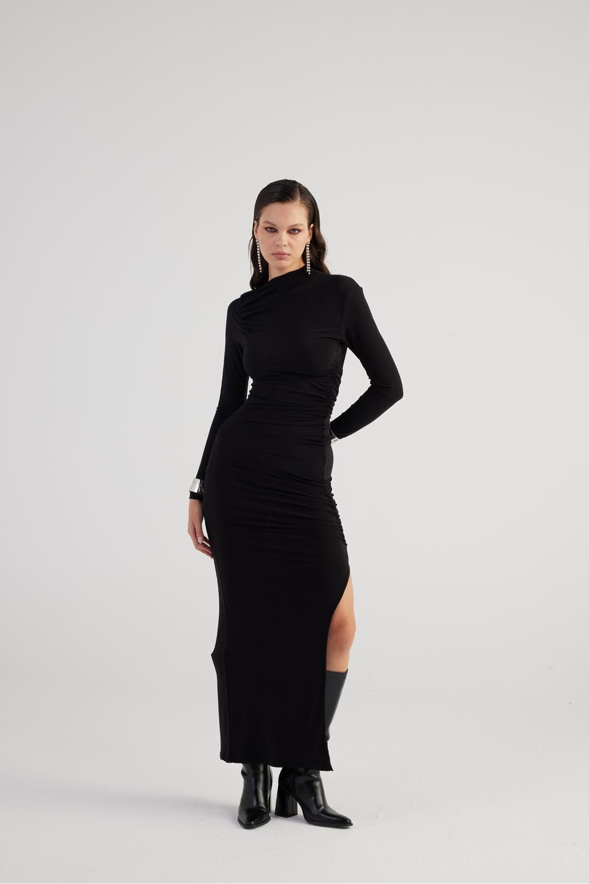 HOLLY LOLLY-Black Long Jasmine Dress with Drapers and Slits 6