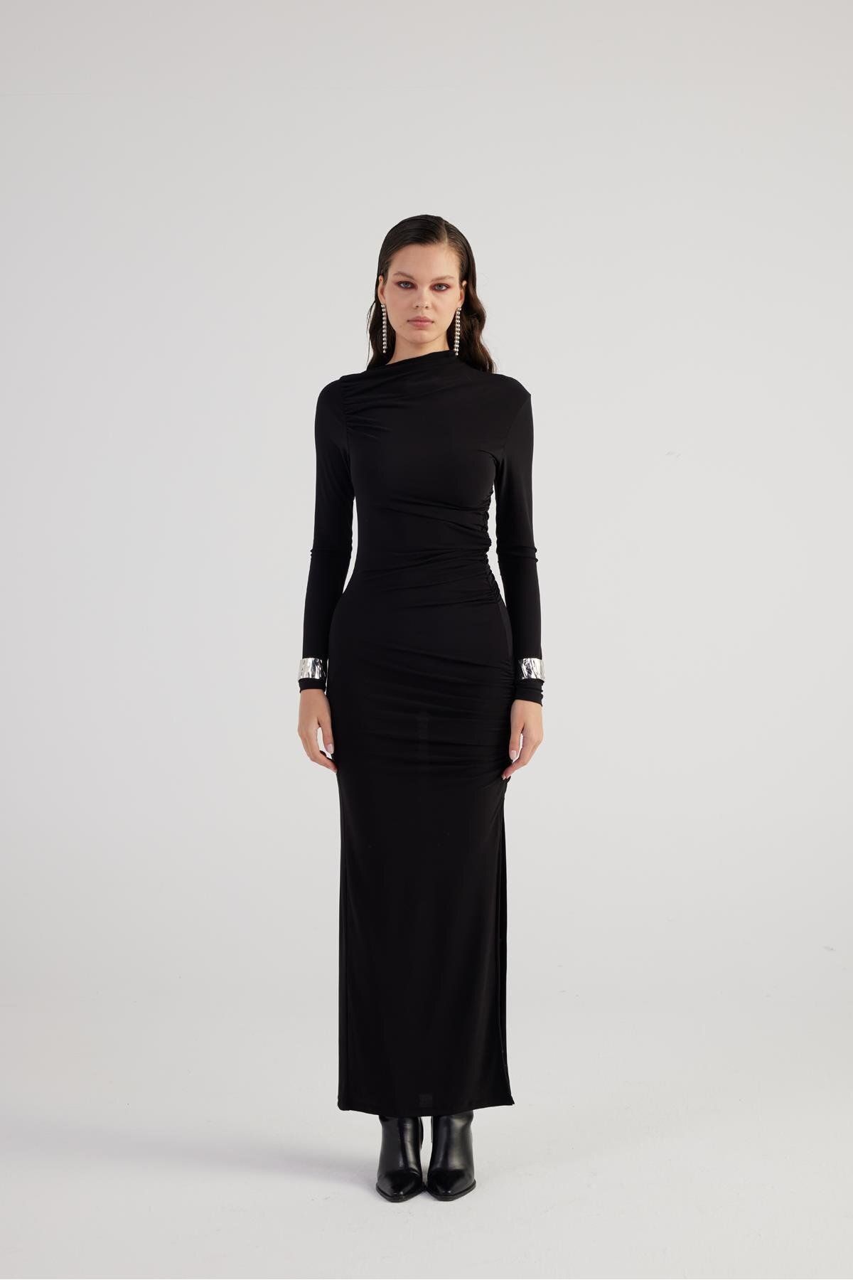 HOLLY LOLLY-Black Long Jasmine Dress with Drapers and Slits 3