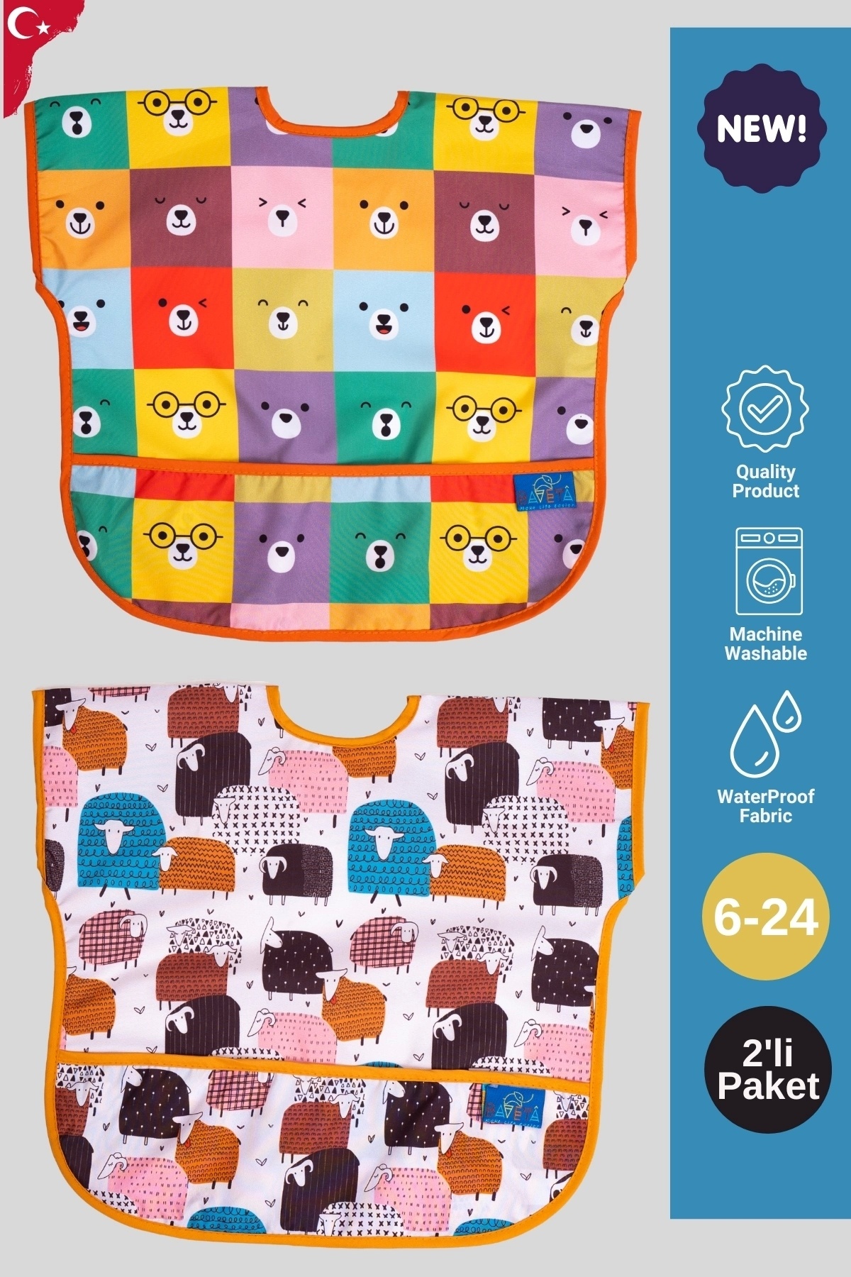 Sıvı Geçirmez Kolsuz 6-24 Ay 2'li Aktivite ve Mama Önlüğü ( COLOUR-LAMB)