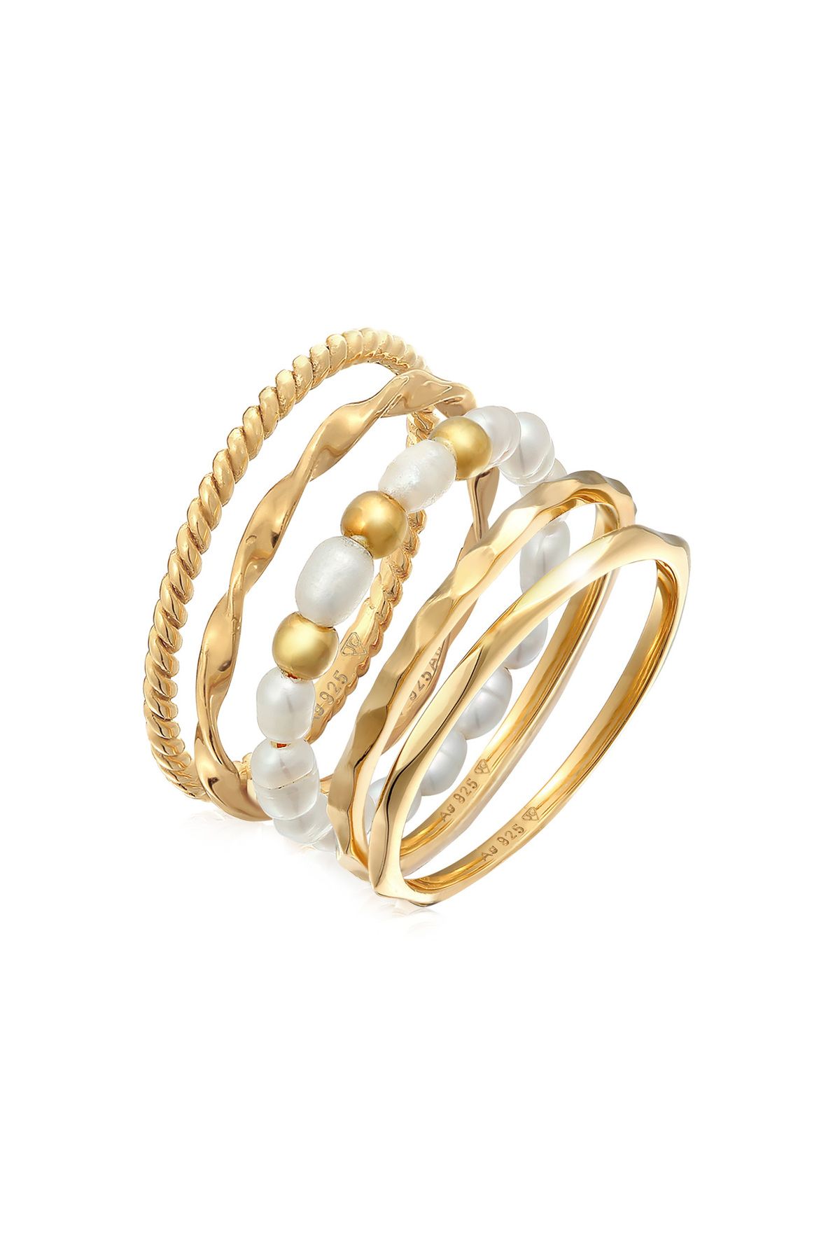 ELLI Ringe Im 5er-set – Süße, Aquatische Zuchtperlen, Vergoldetes 925er-sterlingsilber für Damen - 58