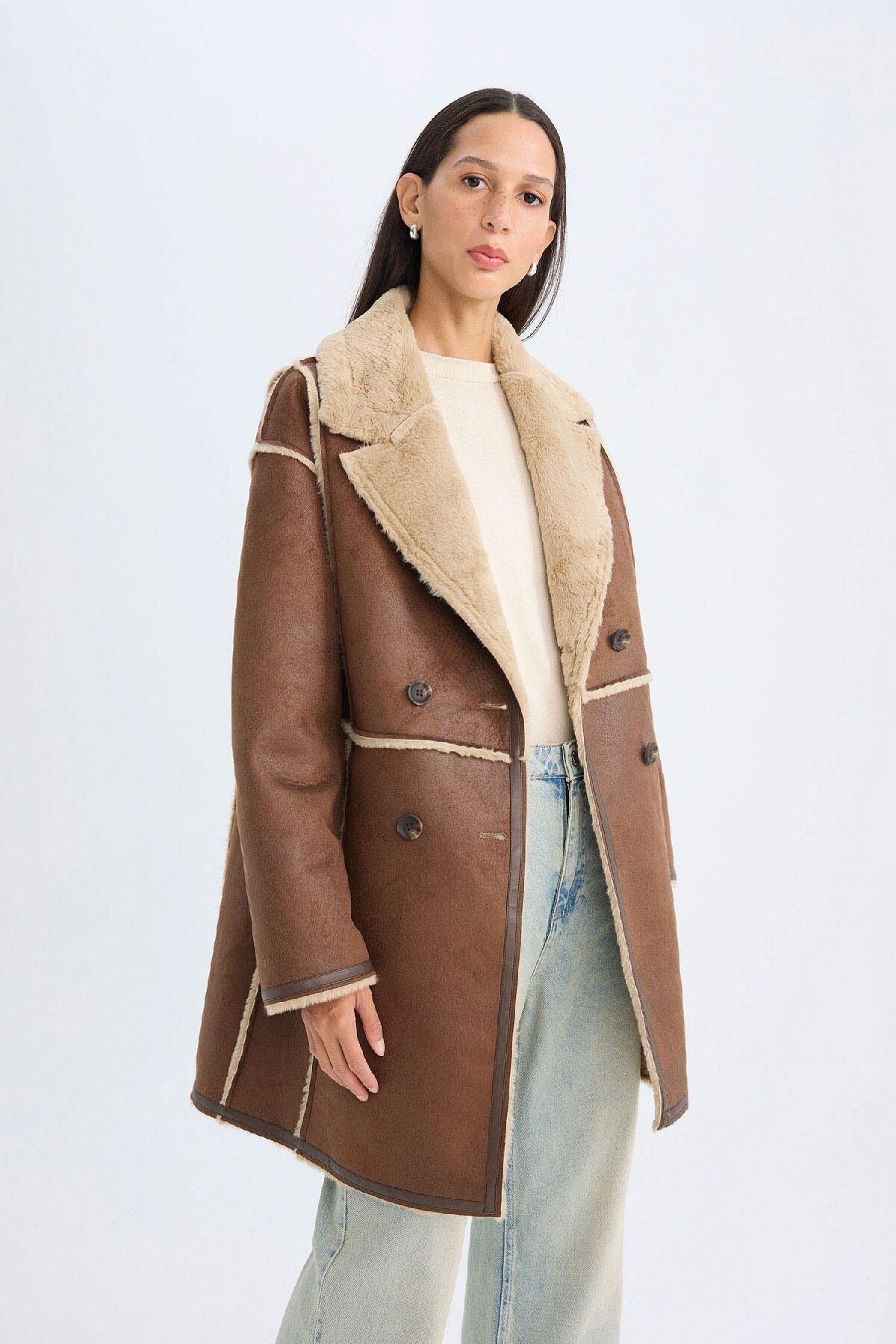 DeFacto-Suede Coat - Plush Lined with Buttons and Pockets D4202Ax24Wn 3