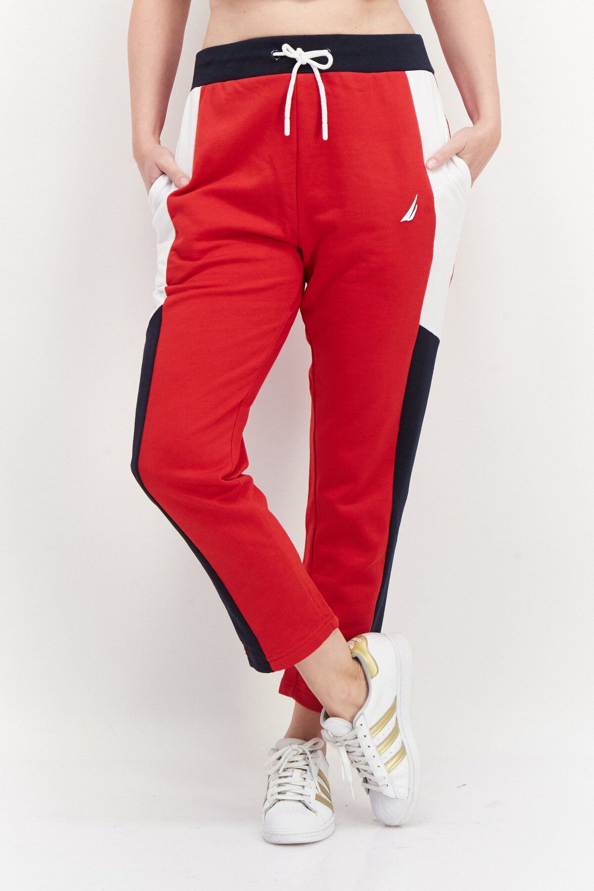 Nautica-Women Straight Leg  Color Blocked Sweat Pants, Red Combo 1