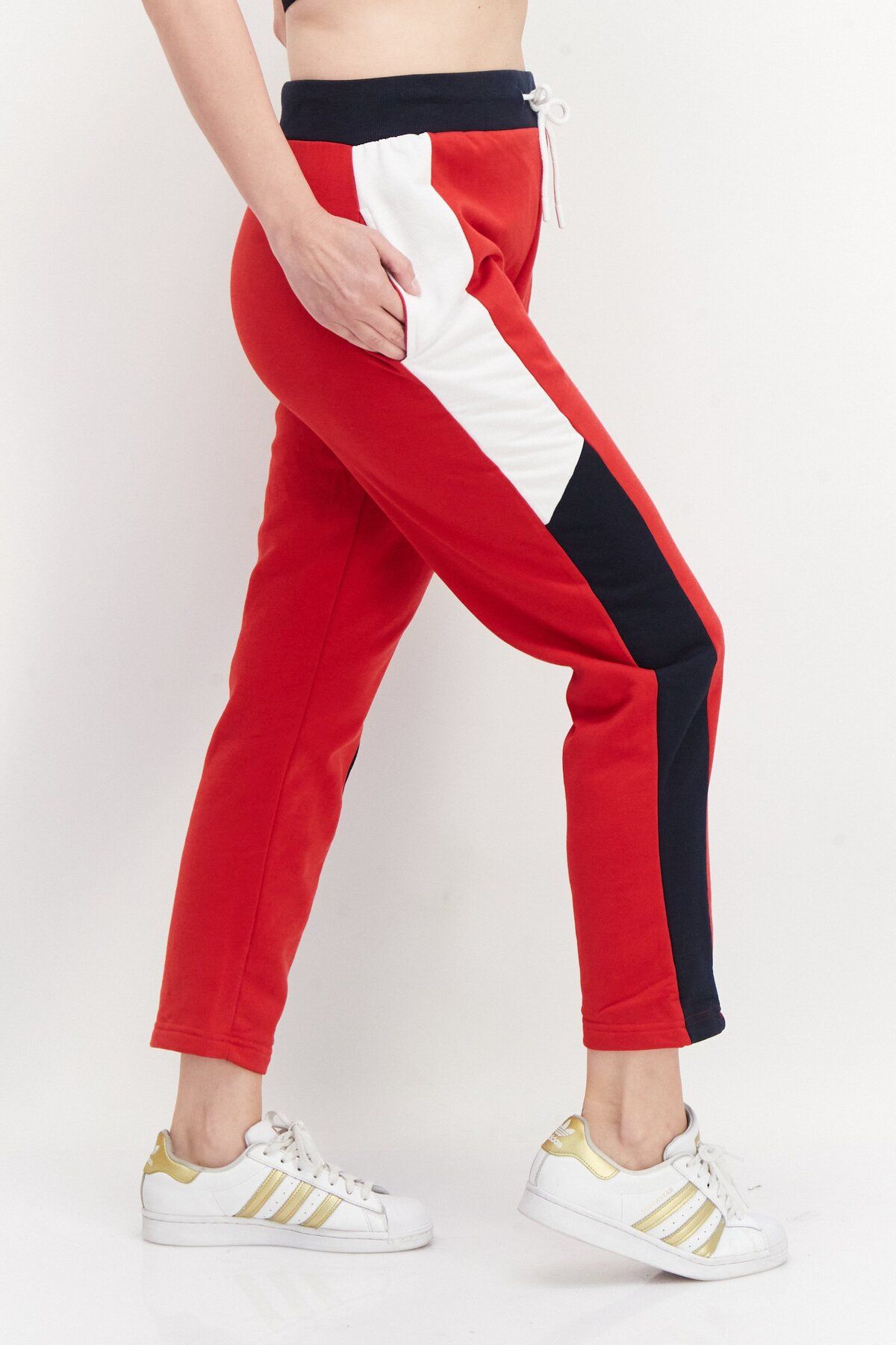 Nautica-Women Straight Leg  Color Blocked Sweat Pants, Red Combo 3