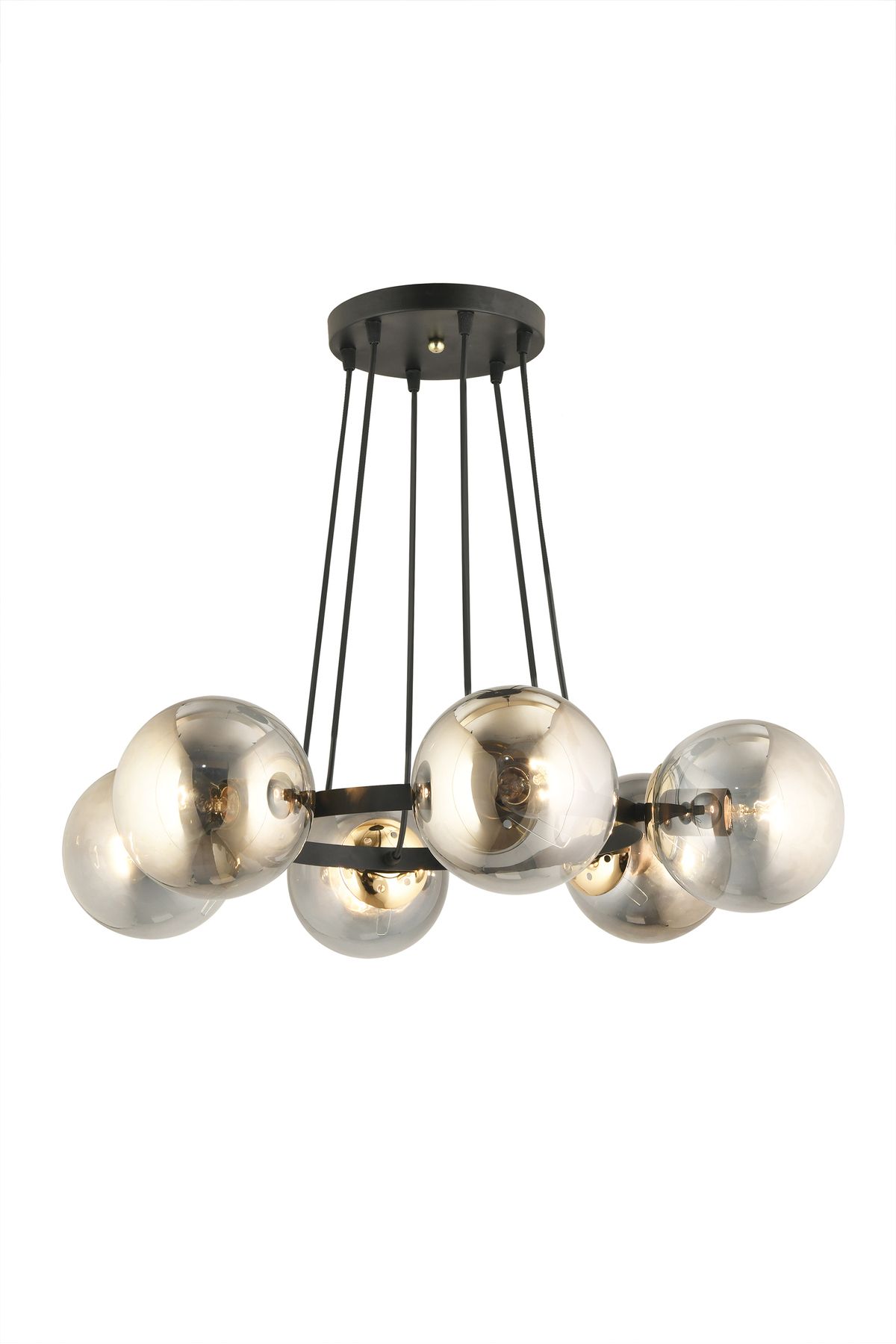 SONSUZ AYDINLATMA&AVİZE-Infinite Black 6-Piece Ring Smoked Globe Glass Modern Chandelier 2