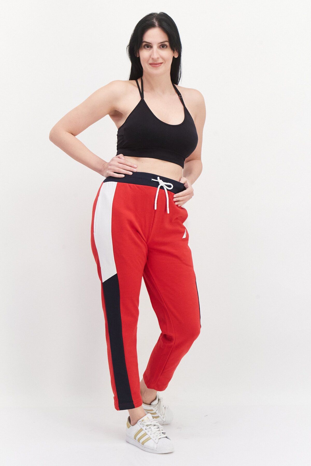 Nautica-Women Straight Leg  Color Blocked Sweat Pants, Red Combo 2