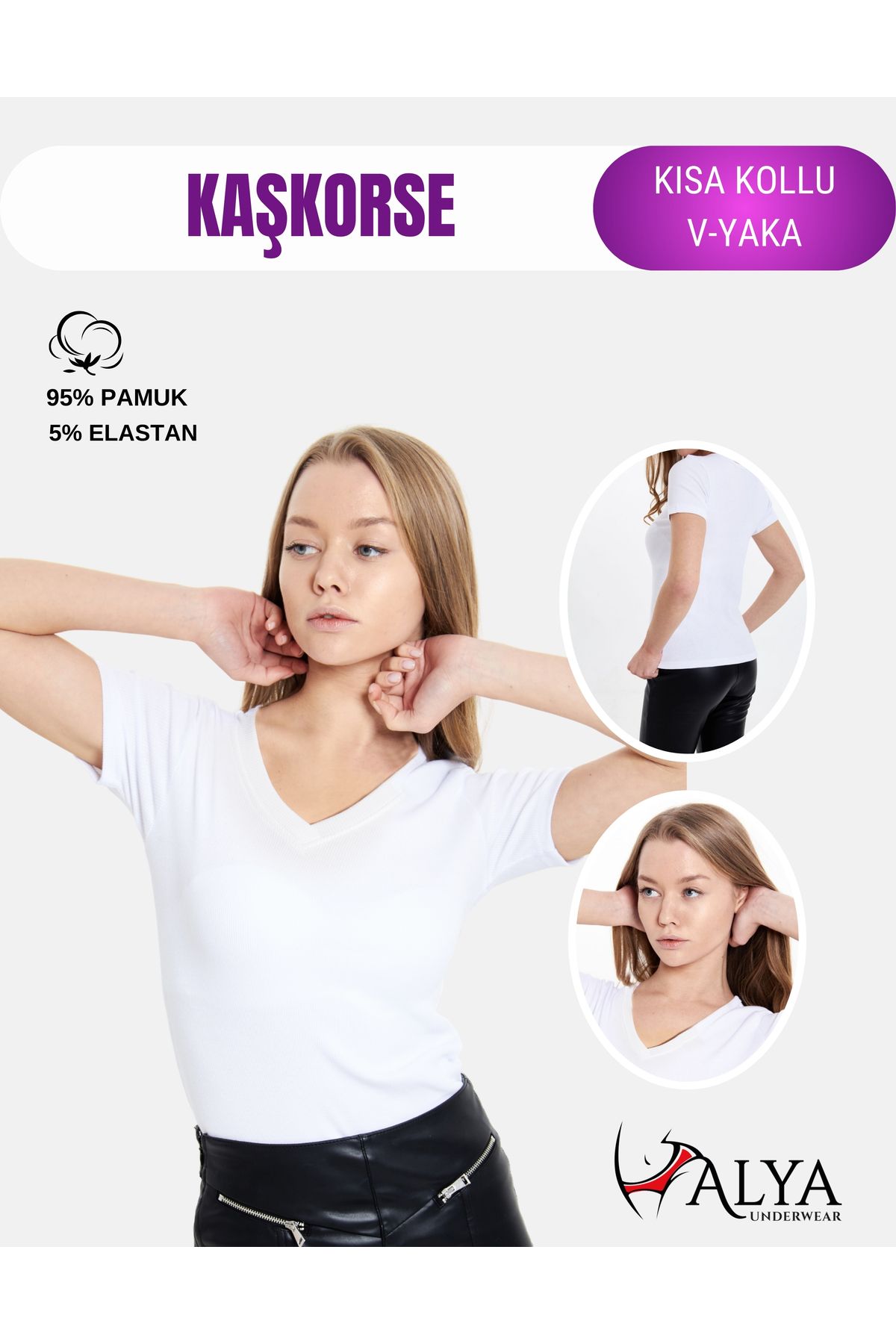 ALYA UNDERWEAR-Stretchy and Cotton V-Neck Camisole Bodysuit - Short Sleeve Blouse, White Badi 1