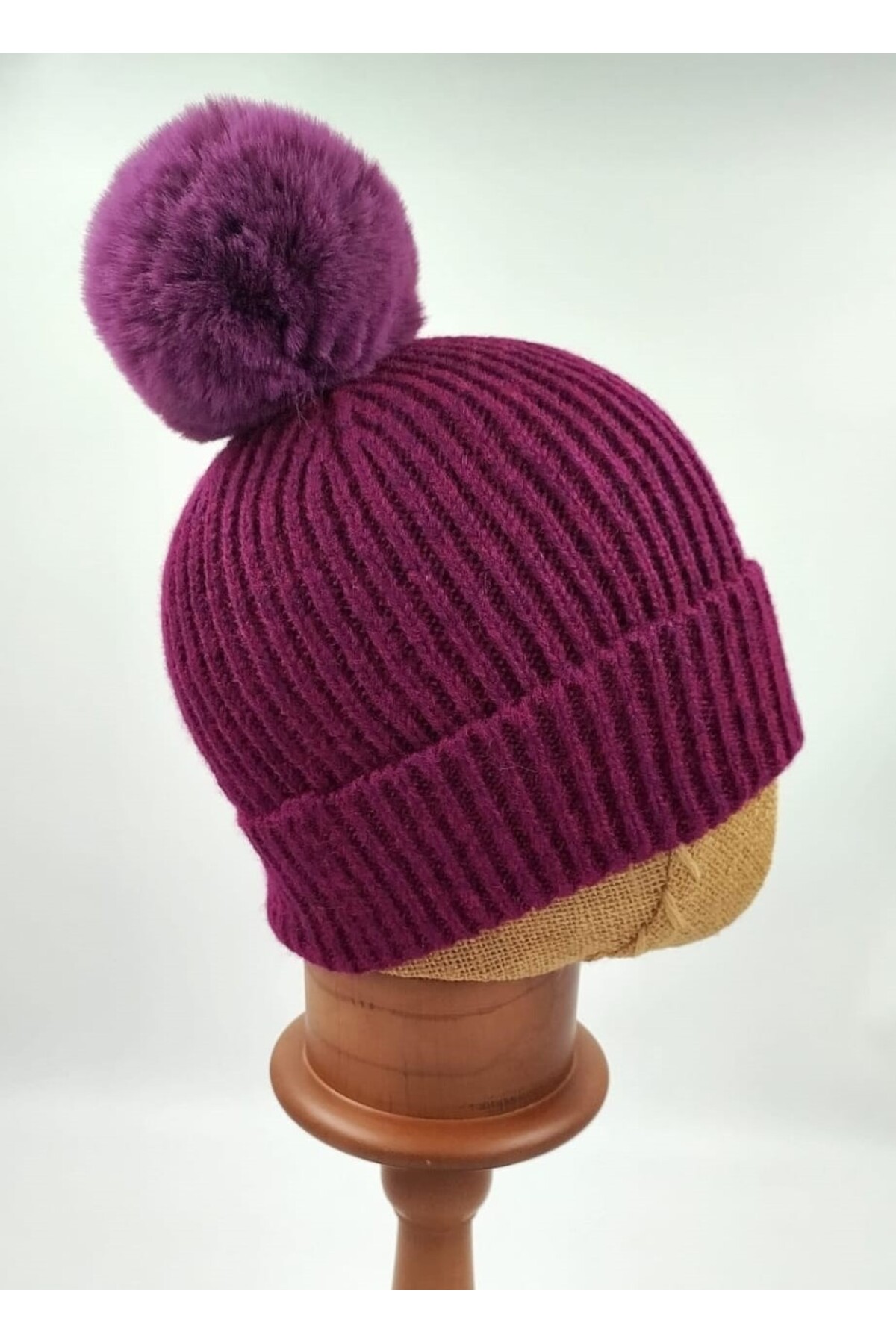 Purple Braided Folded Pompom Beanie