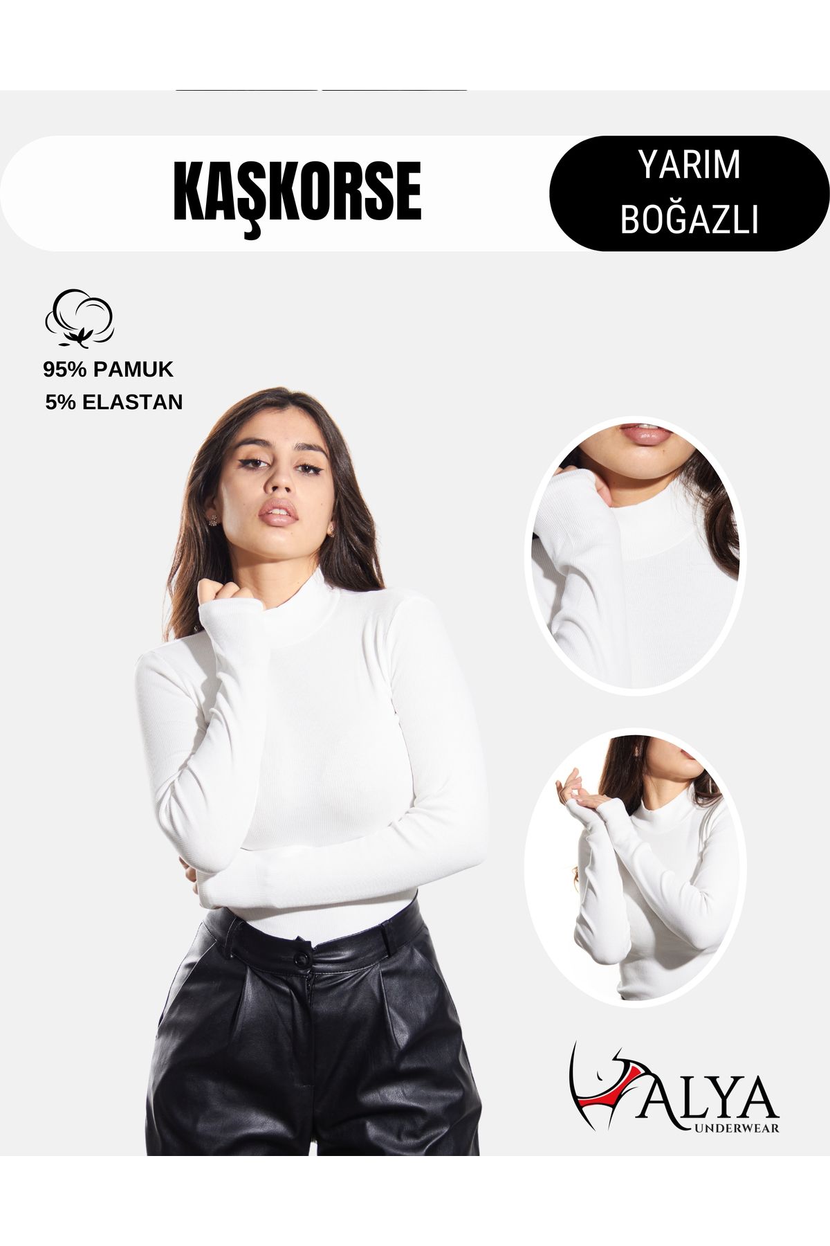 ALYA UNDERWEAR Kaşkorse Yarım Boğaz Body Sweatshirt, Fitilli Kumaş Likralı, Bluz Beyaz Badi