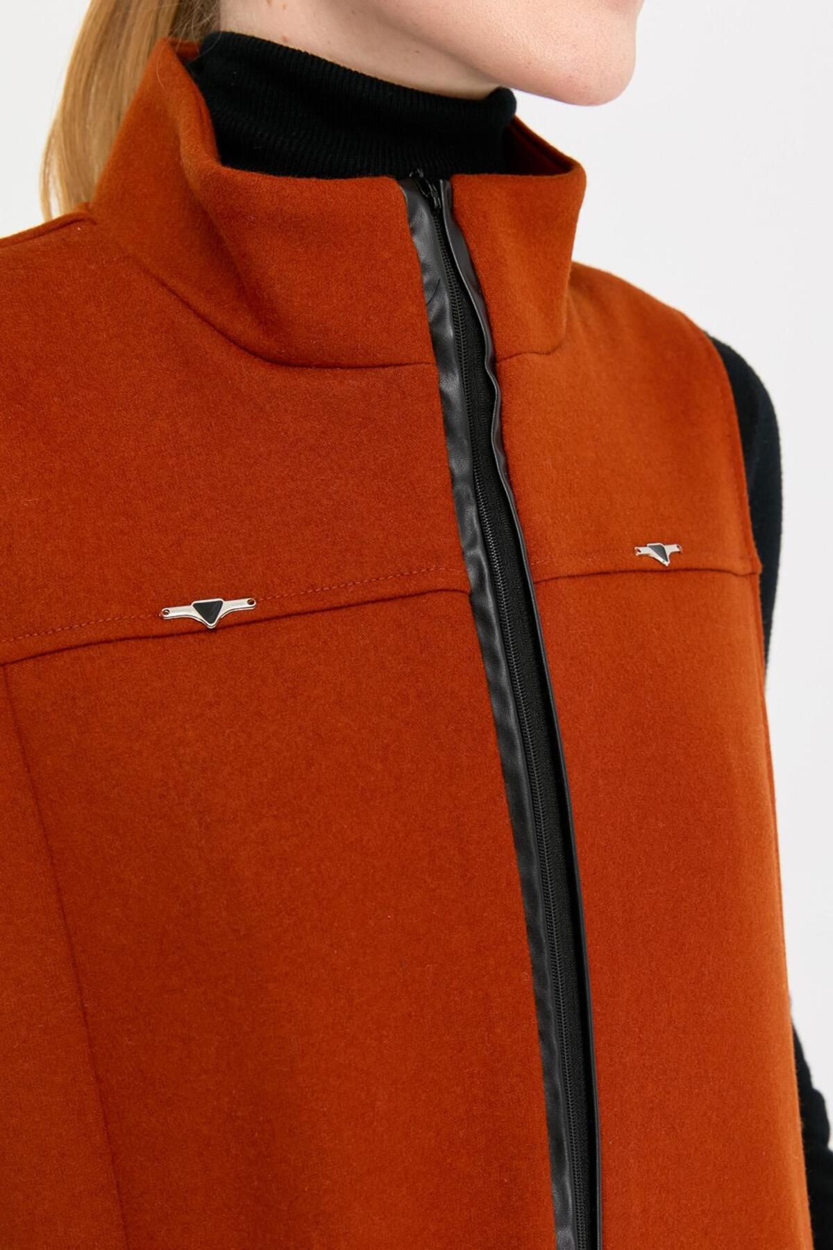 Esswaap-Orange Felt Vest - Leather Pocket Detail 5